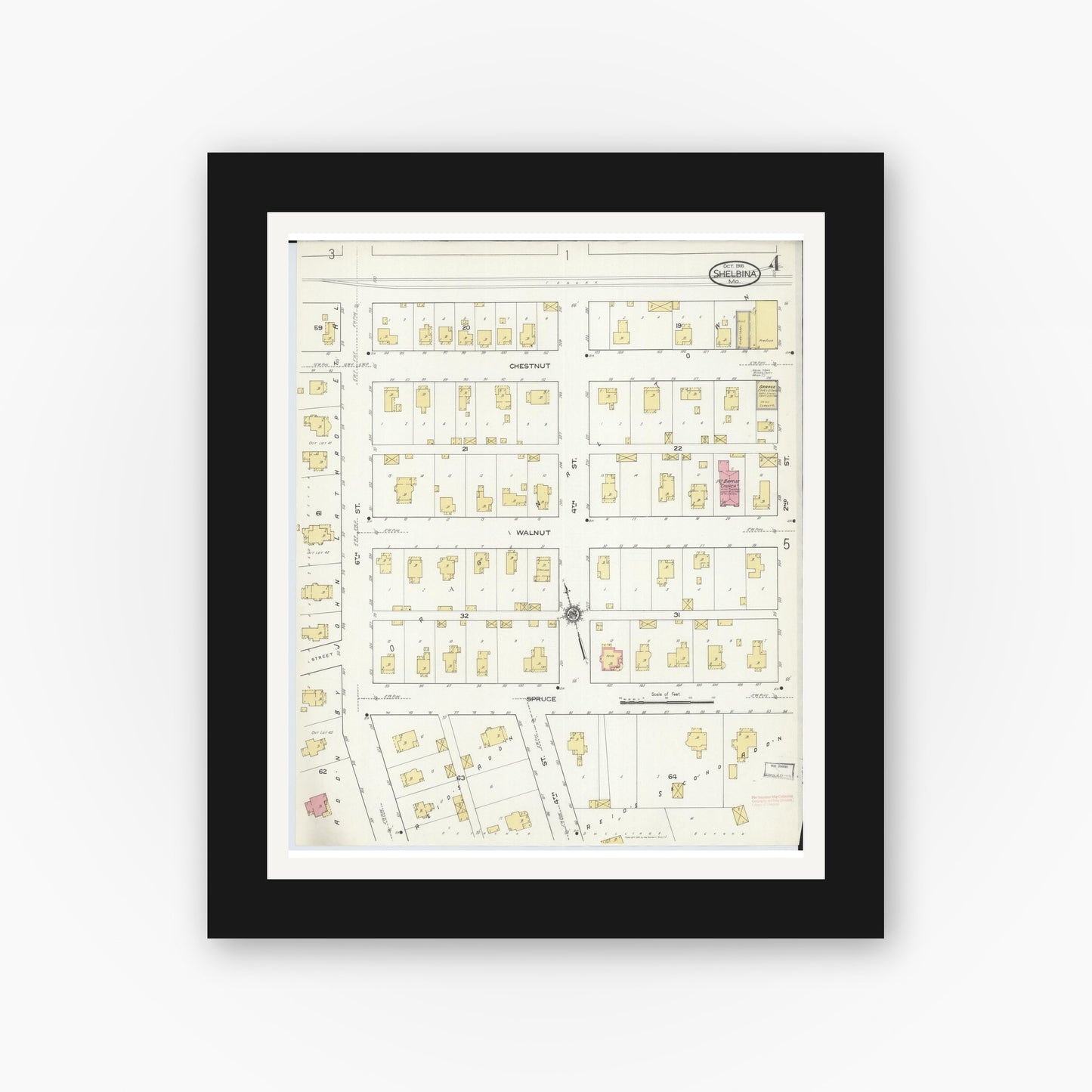 Old map wall art mockup — black gallery frame with white mat — Sanborn Fire Insurance Map from Shelbina, Shelby County, Missouri (1916), Sheet #0004