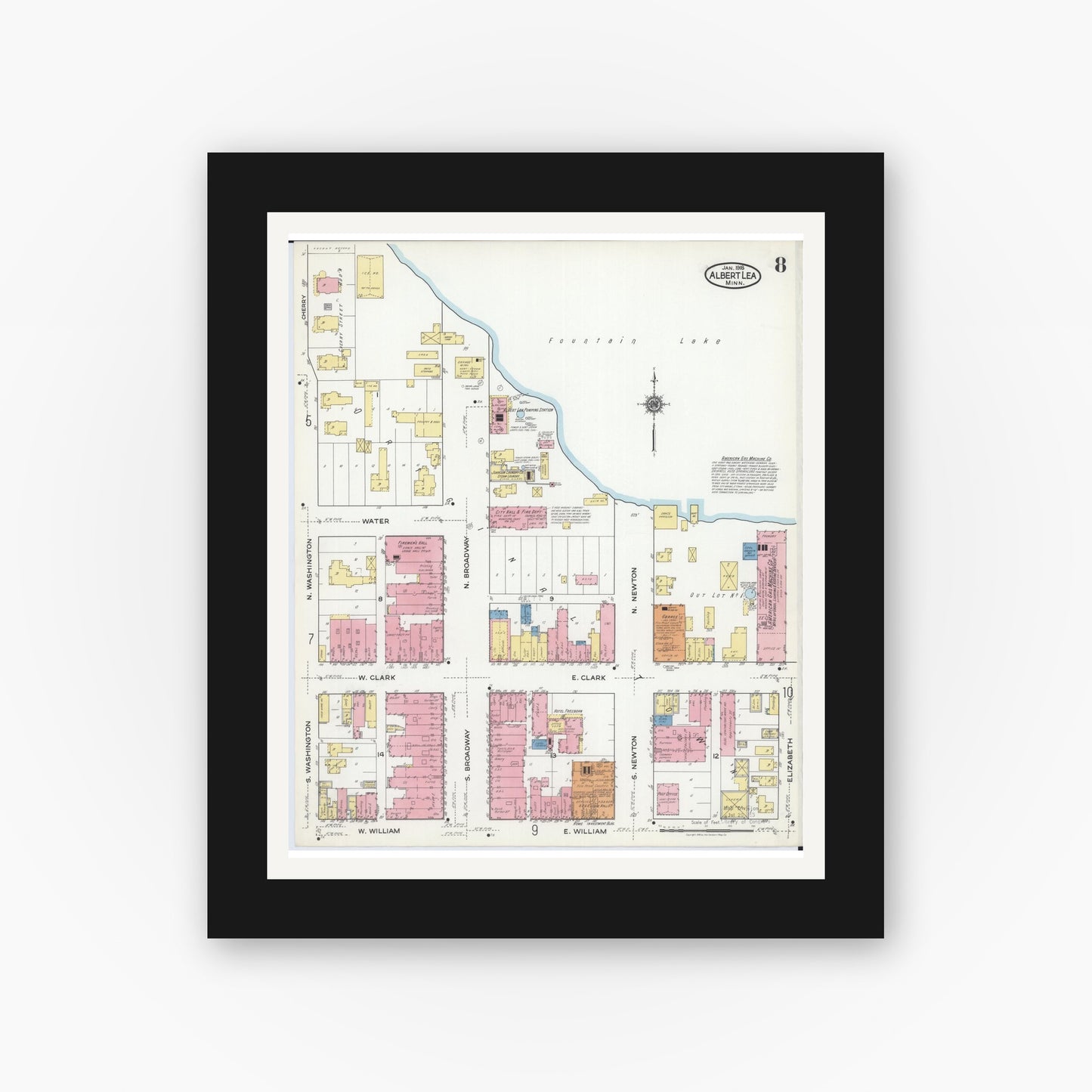 Old map wall art mockup — black gallery frame with white mat — Sanborn Fire Insurance Map from Albert Lea, Freeborn County, Minnesota (1918), Sheet #0008