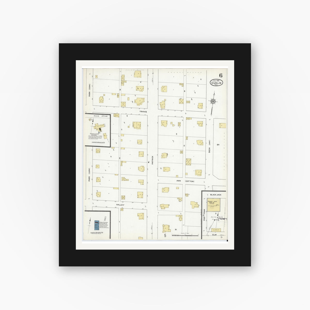 Old map wall art mockup — black gallery frame with white mat — Sanborn Fire Insurance Map from Dublin, Erath County, Texas (1912), Sheet #0006
