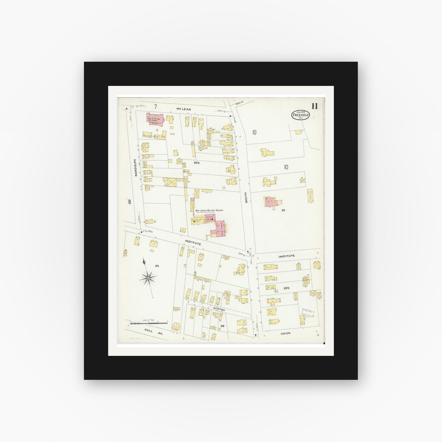 Old map wall art mockup — black gallery frame with white mat — Sanborn Fire Insurance Map from Freehold, Monmouth County, New Jersey (1909), Sheet #0011