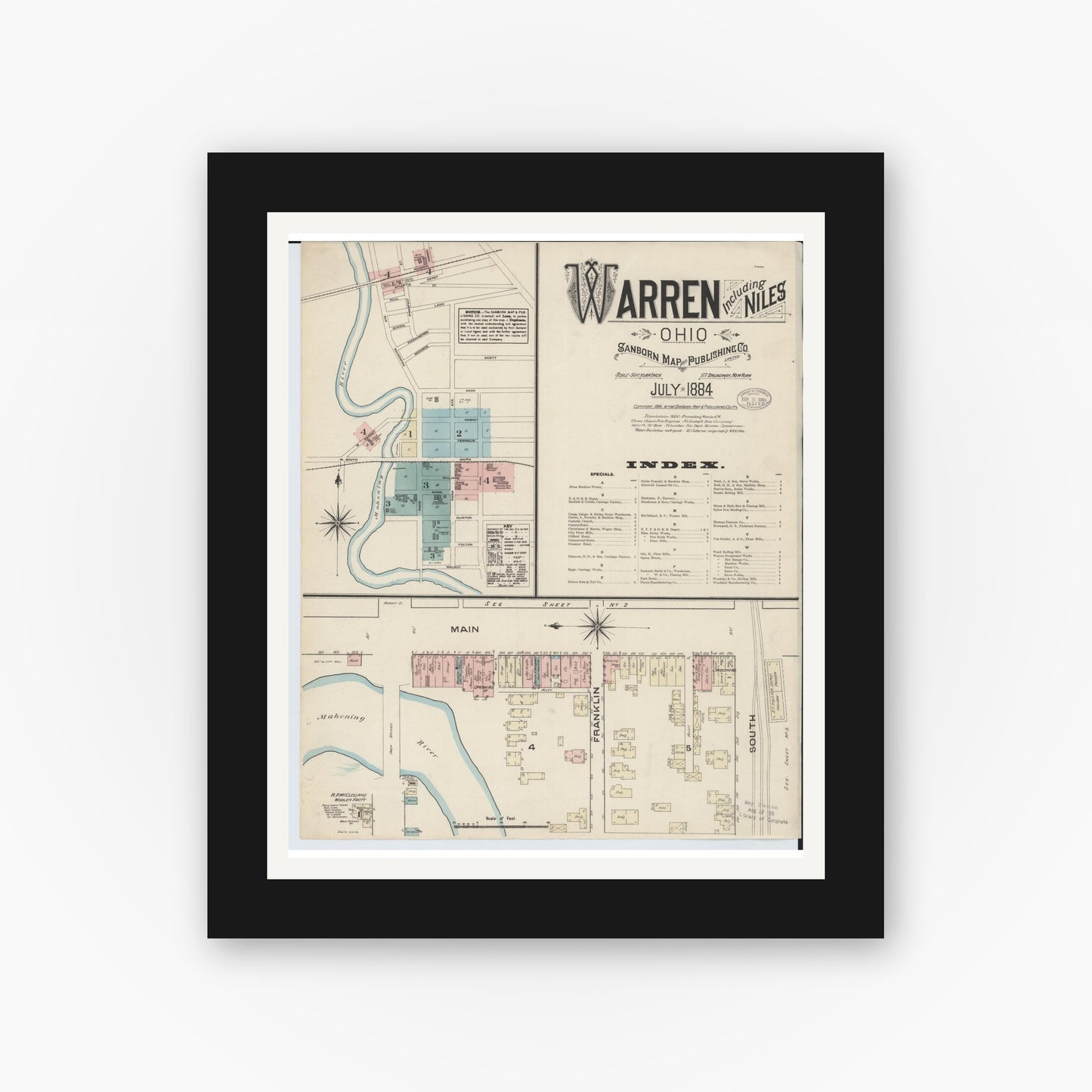 Old map wall art mockup — black gallery frame with white mat — Sanborn Fire Insurance Map from Warren, Trumbull County, Ohio (1884) - Complete Map Set