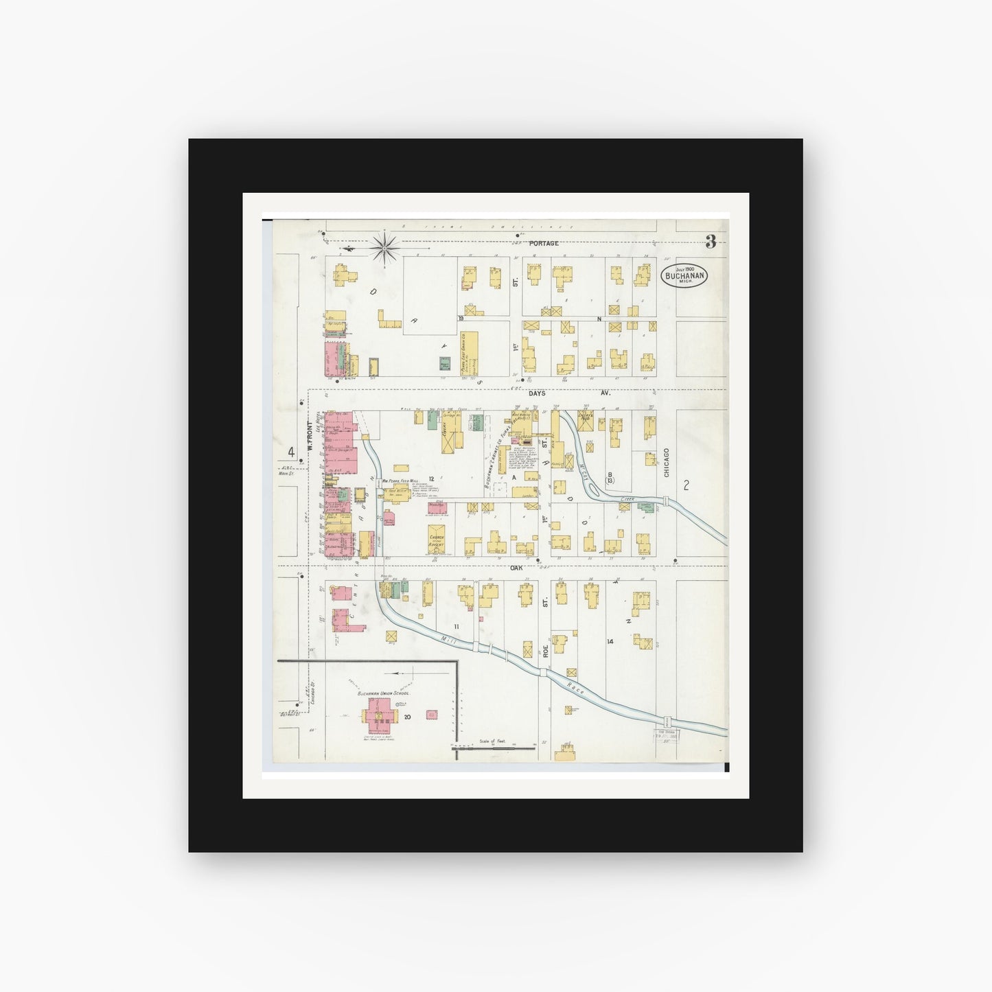 Old map wall art mockup — black gallery frame with white mat — Sanborn Fire Insurance Map from Buchanan, Berrien County, Michigan (1900), Sheet #0003