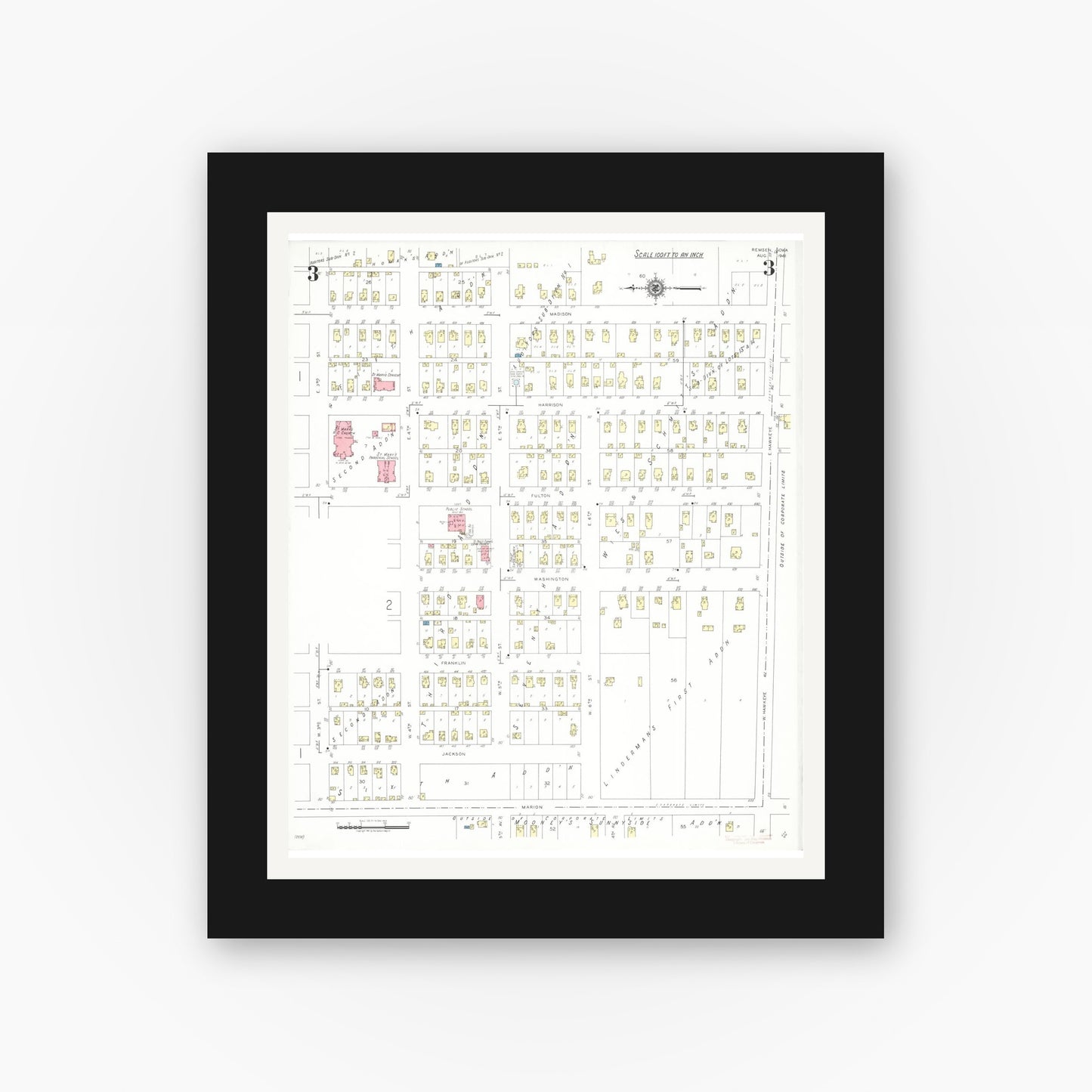 Old map wall art mockup β black gallery frame with white mat β Sanborn Fire Insurance Map from Remsen, Plymouth County, Iowa (1941), Sheet #0003