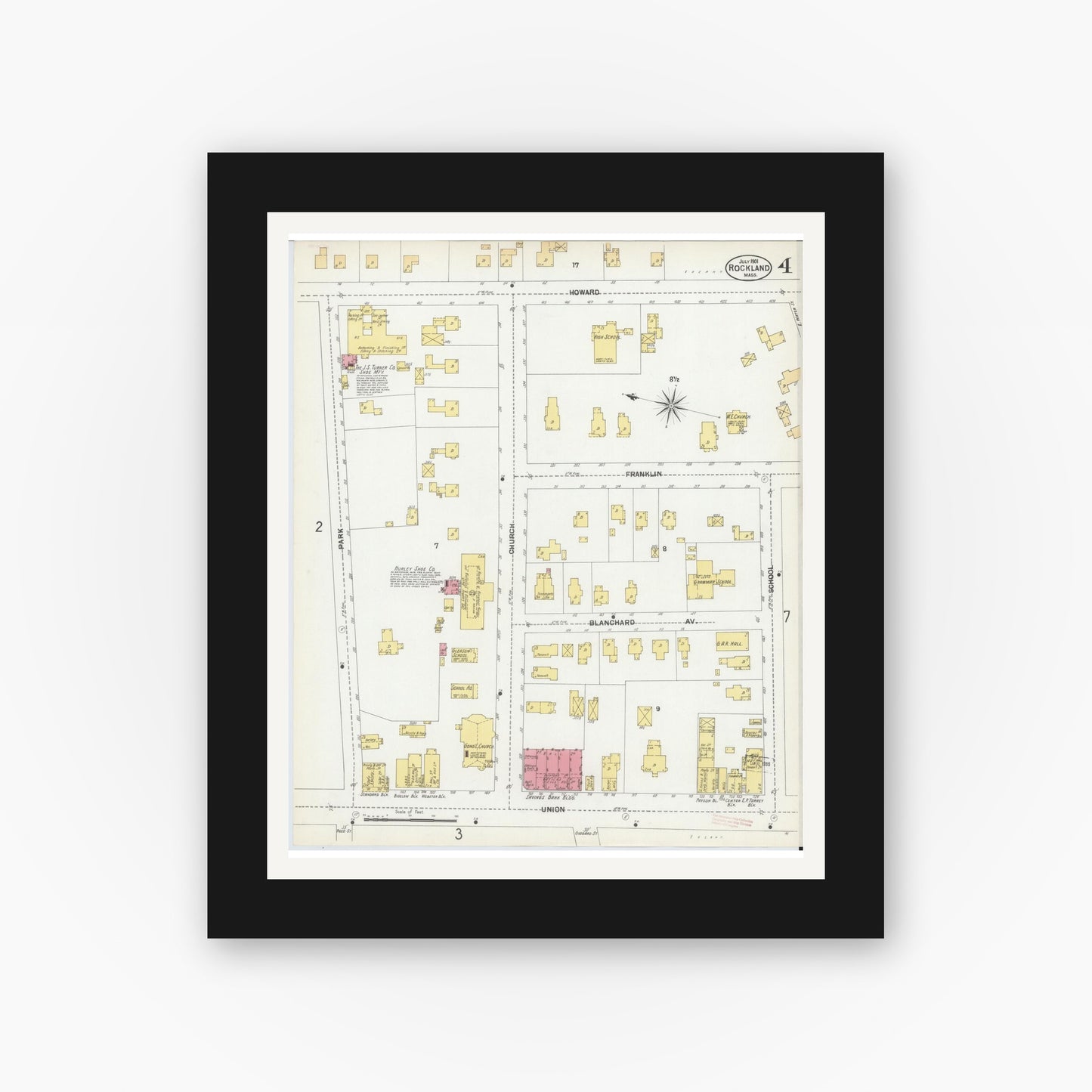 Old map wall art mockup — black gallery frame with white mat — Sanborn Fire Insurance Map from Rockland, Plymouth County, Massachusetts (1901), Sheet #0004