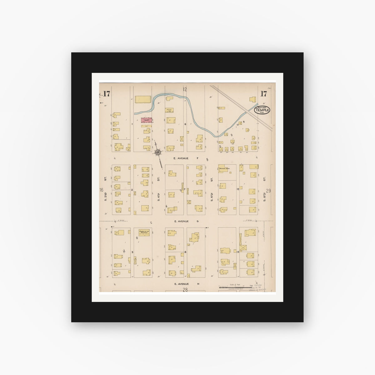 Old map wall art mockup — black gallery frame with white mat — Sanborn Fire Insurance Map from Temple, Bell County, Texas (1922), Sheet #0017
