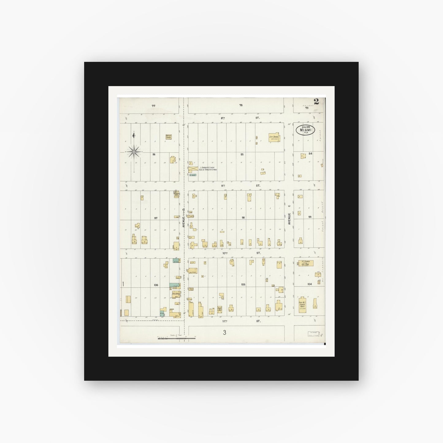 Old map wall art mockup — black gallery frame with white mat — Sanborn Fire Insurance Map from Miami, Dade County, Florida (1899), Sheet #0002