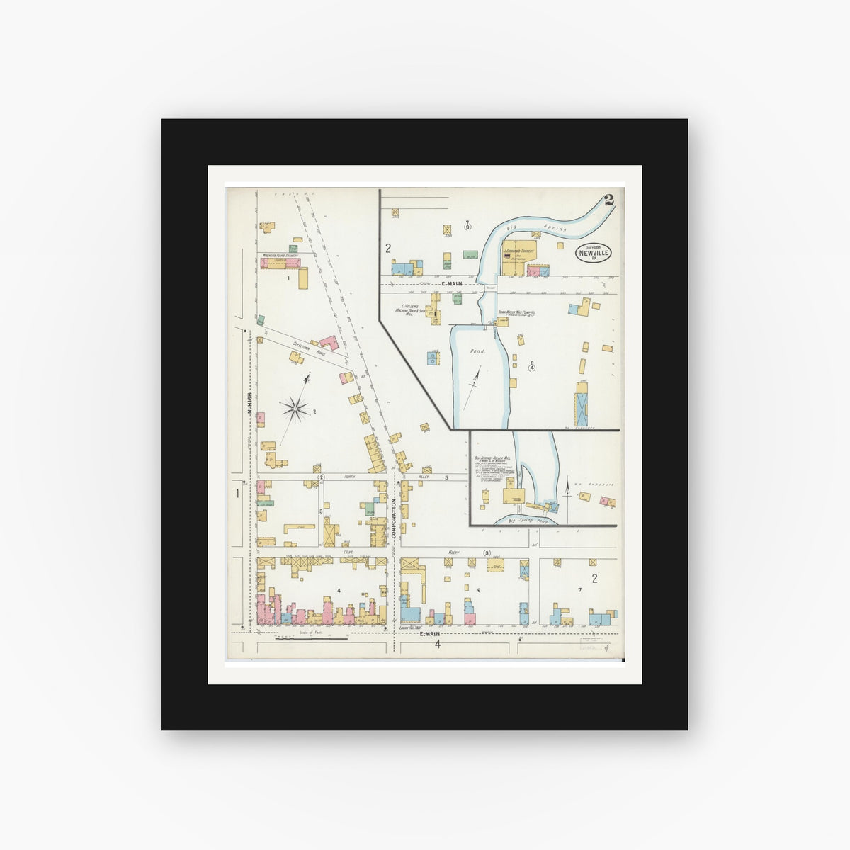 Old map wall art mockup — black gallery frame with white mat — Sanborn Fire Insurance Map from Newville, Cumberland County, Pennsylvania (1899), Sheet #0002