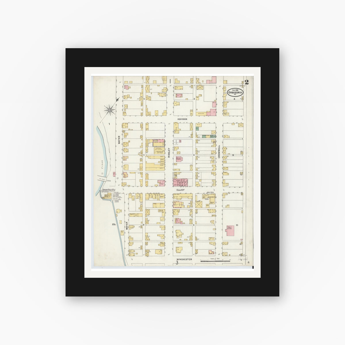Old map wall art mockup — black gallery frame with white mat — Sanborn Fire Insurance Map from Orbisonia, Huntingdon County, Pennsylvania (1904), Sheet #0002