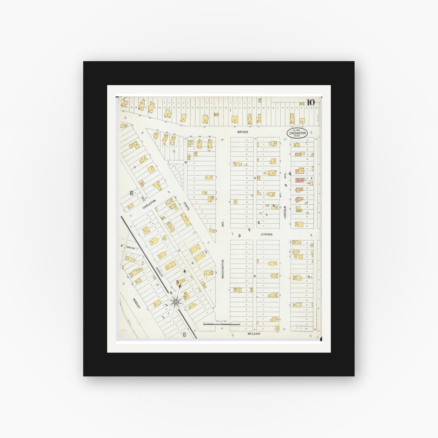 Old map wall art mockup — black gallery frame with white mat — Sanborn Fire Insurance Map from Crookston, Polk County, Minnesota (1900), Sheet #0010