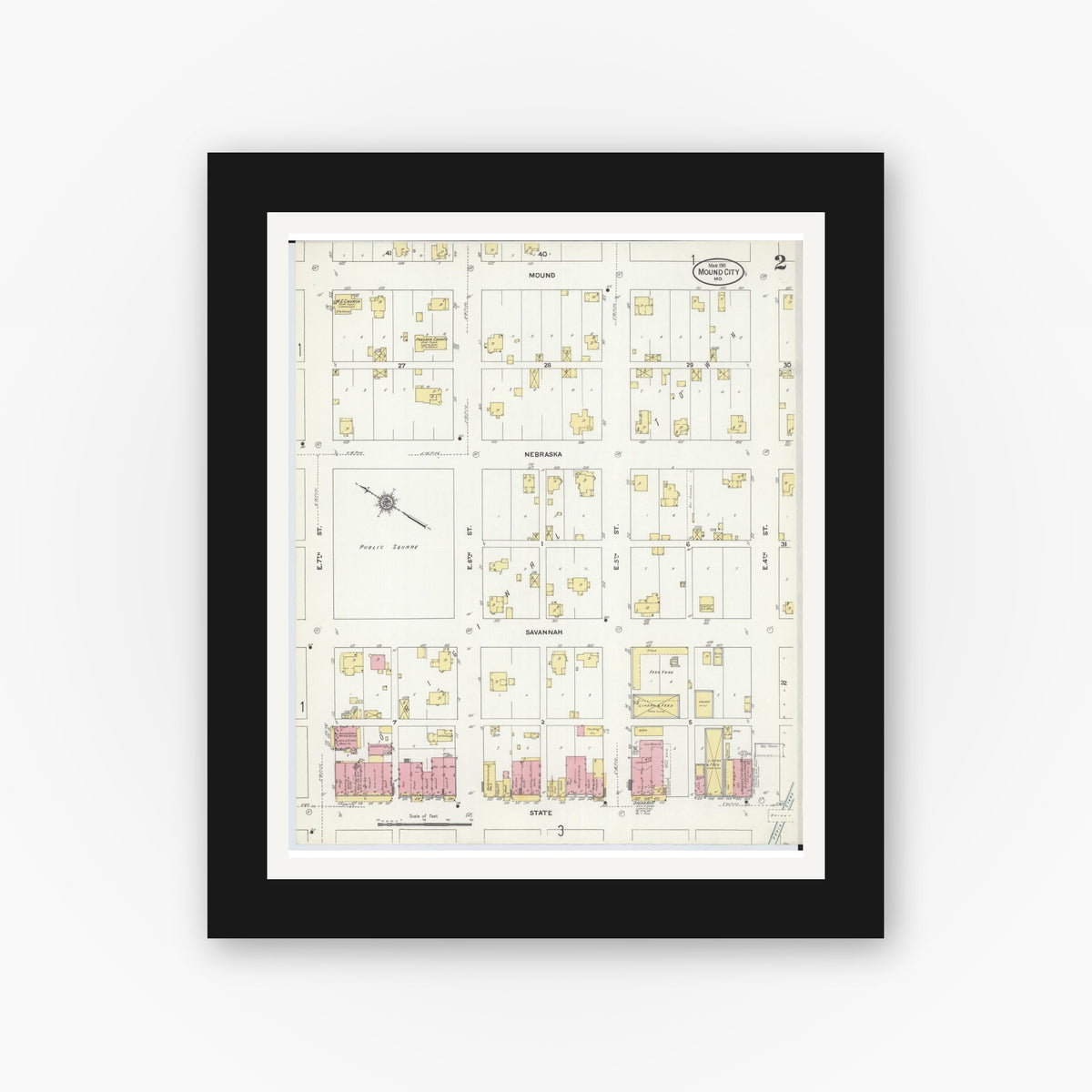 Old map wall art mockup β black gallery frame with white mat β Sanborn Fire Insurance Map from Mound City, Holt County, Missouri (1911), Sheet #0002