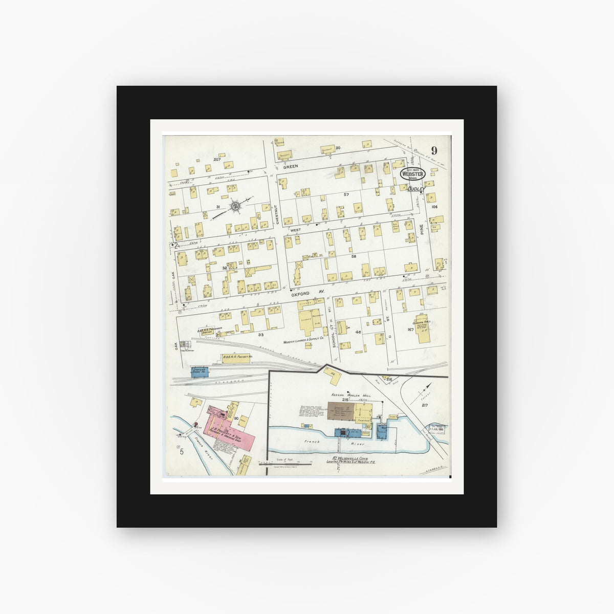 Old map wall art mockup — black gallery frame with white mat — Sanborn Fire Insurance Map from Webster, Worcester County, Massachusetts (1920), Sheet #0009