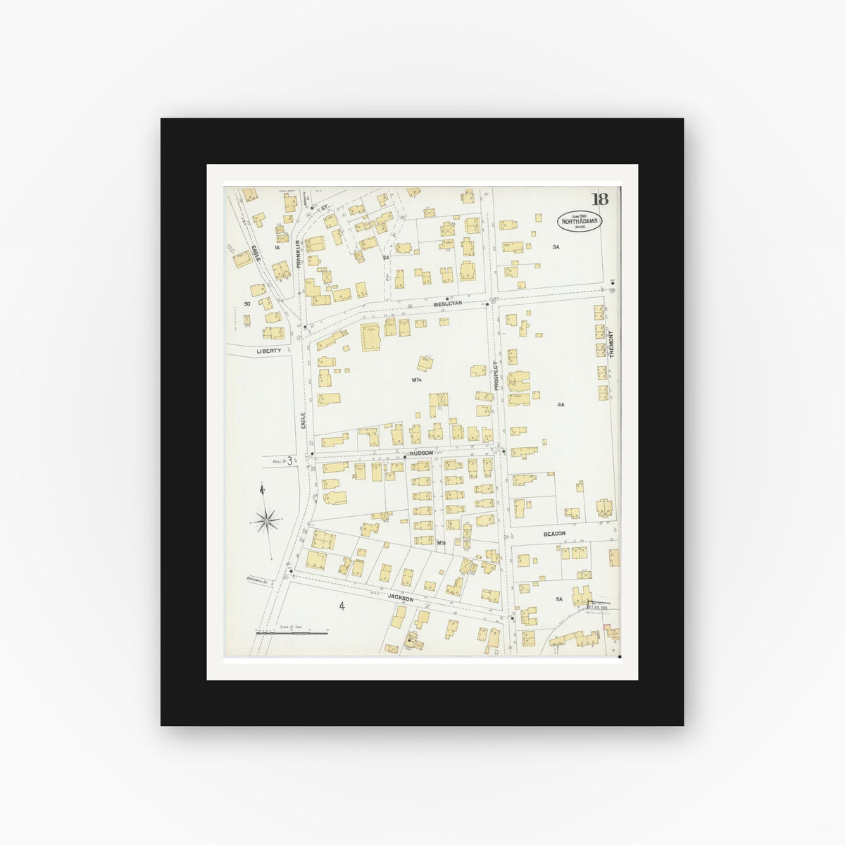 Old map wall art mockup — black gallery frame with white mat — Sanborn Fire Insurance Map from North Adams, Berkshire County, Massachusetts (1901), Sheet #0018
