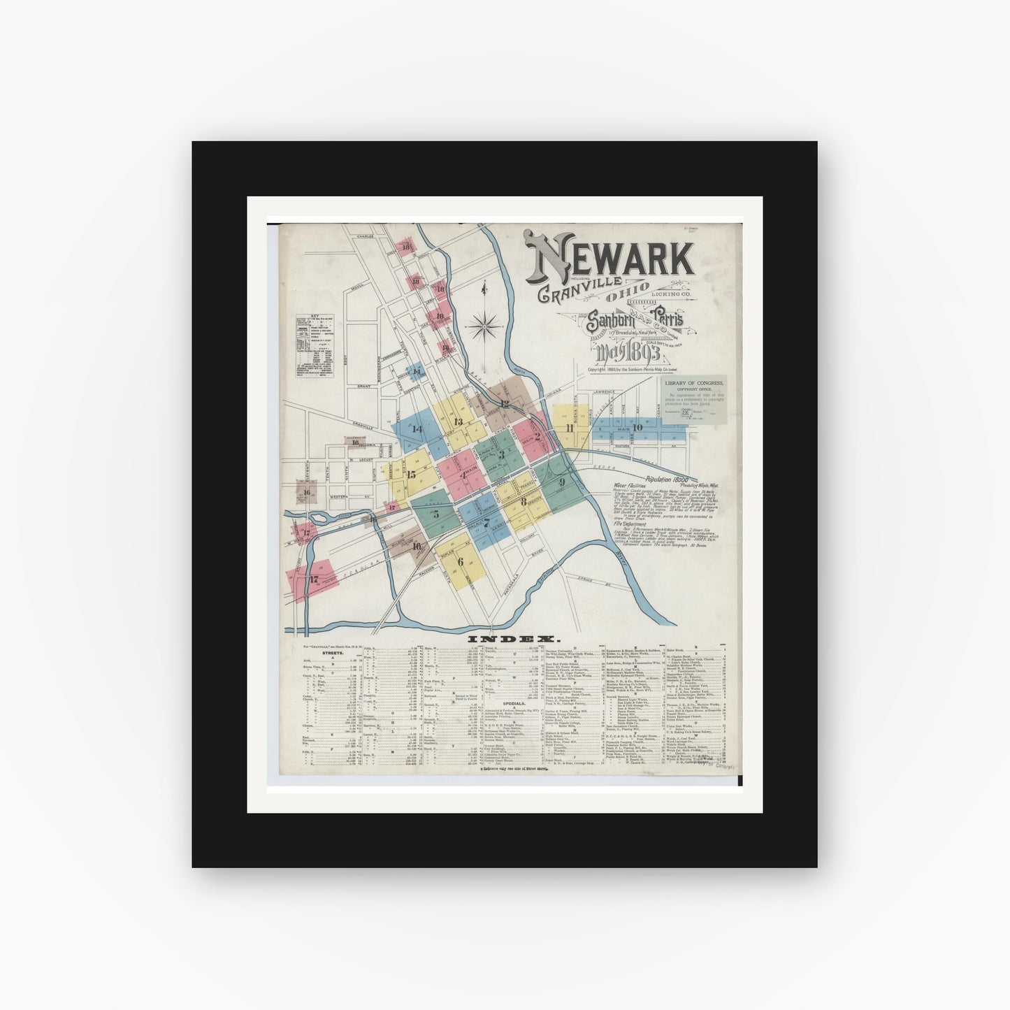 Old map wall art mockup — black gallery frame with white mat — Sanborn Fire Insurance Map from Newark, Licking County, Ohio (1893), Sheet #0001