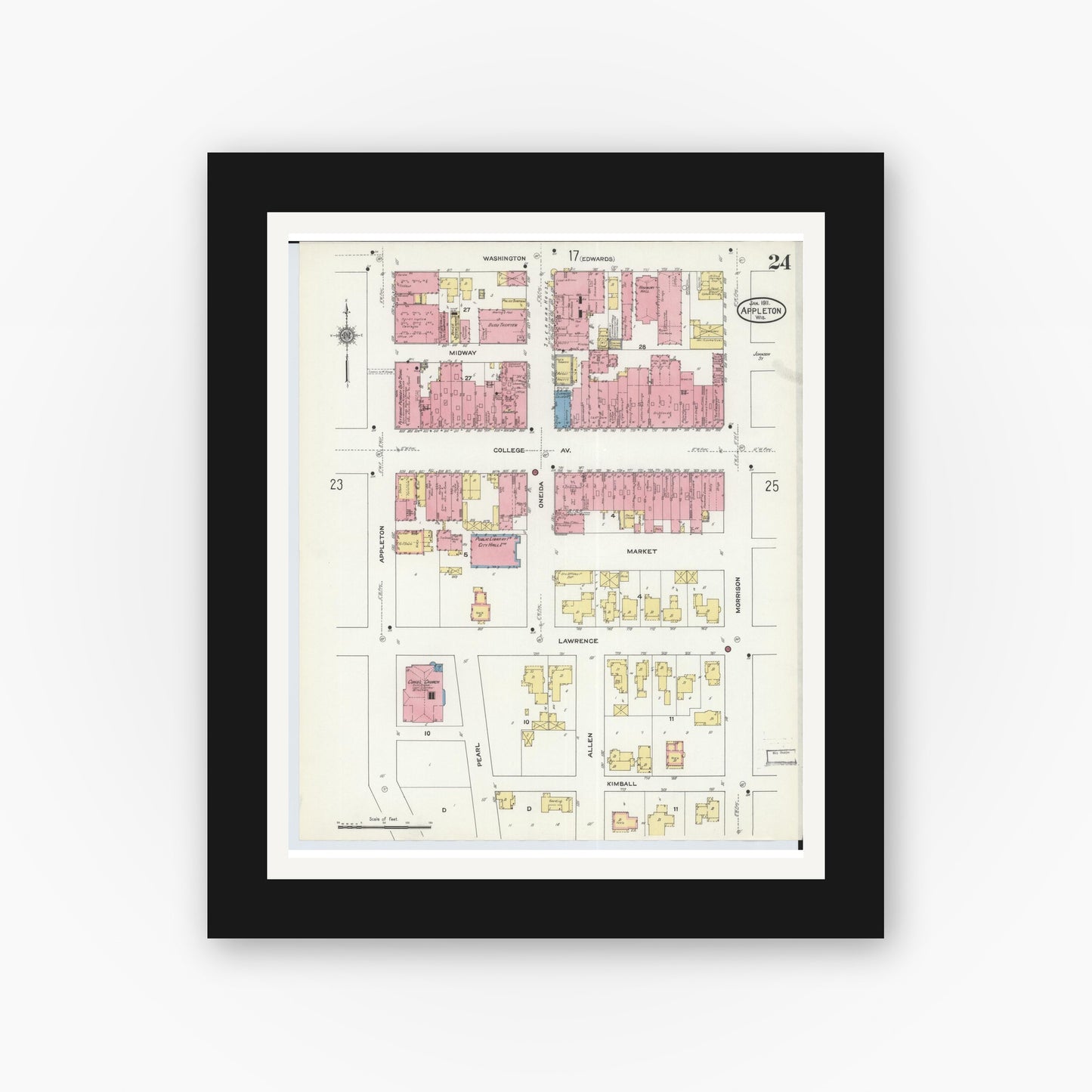 Old map wall art mockup — black gallery frame with white mat — Sanborn Fire Insurance Map from Appleton, Outagamie County, Wisconsin (1911), Sheet #0024