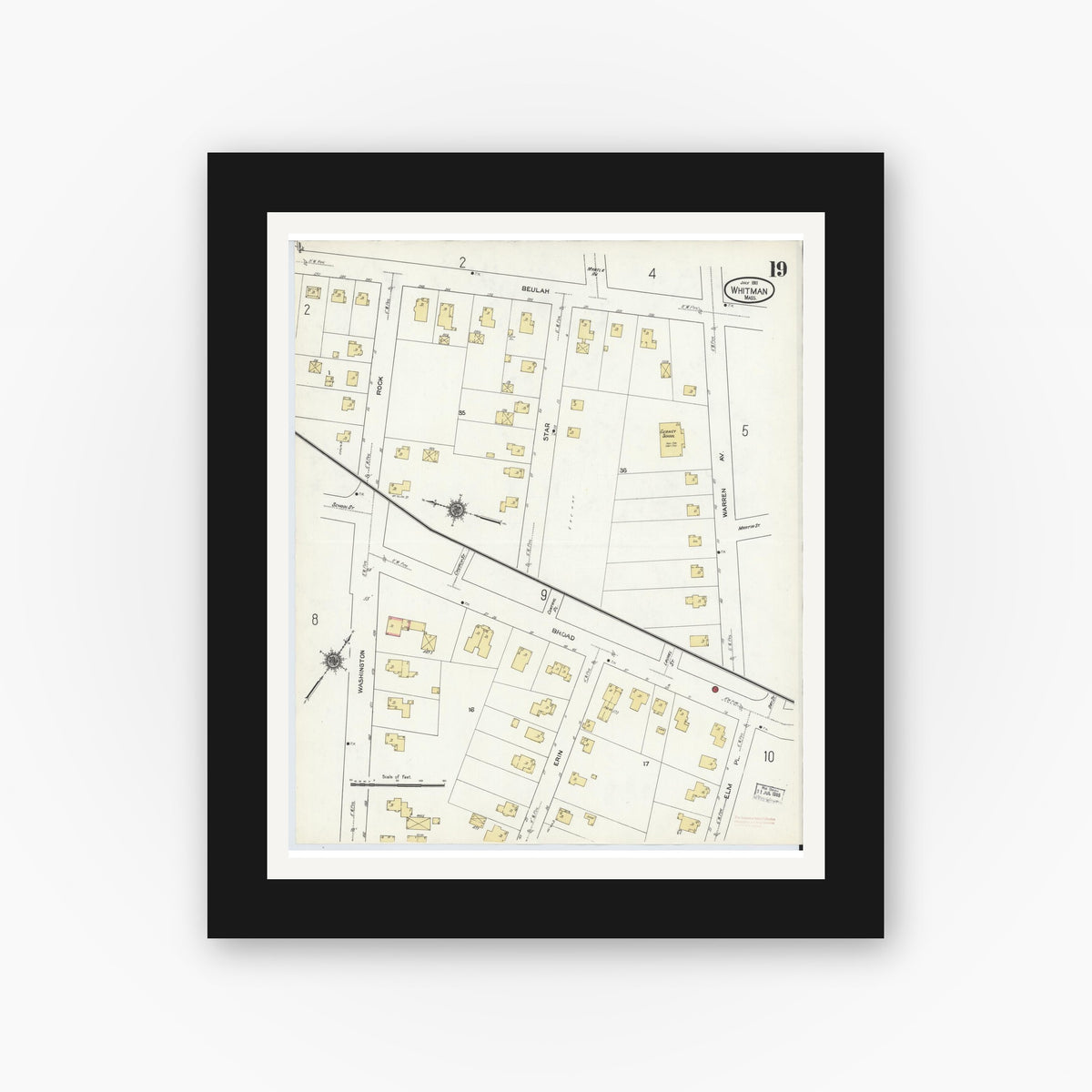 Old map wall art mockup — black gallery frame with white mat — Sanborn Fire Insurance Map from Whitman, Plymouth County, Massachusetts (1911), Sheet #0019
