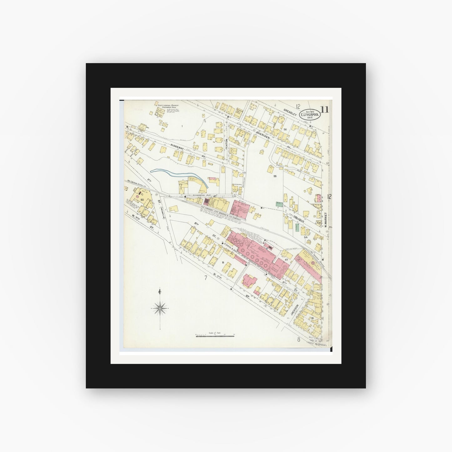 Old map wall art mockup — black gallery frame with white mat — Sanborn Fire Insurance Map from East Liverpool, Columbiana County, Ohio (1903), Sheet #0011