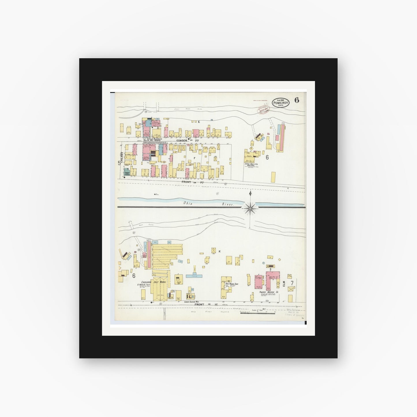 Old map wall art mockup — black gallery frame with white mat — Sanborn Fire Insurance Map from Pomeroy, Meigs County, Ohio (1899), Sheet #0006