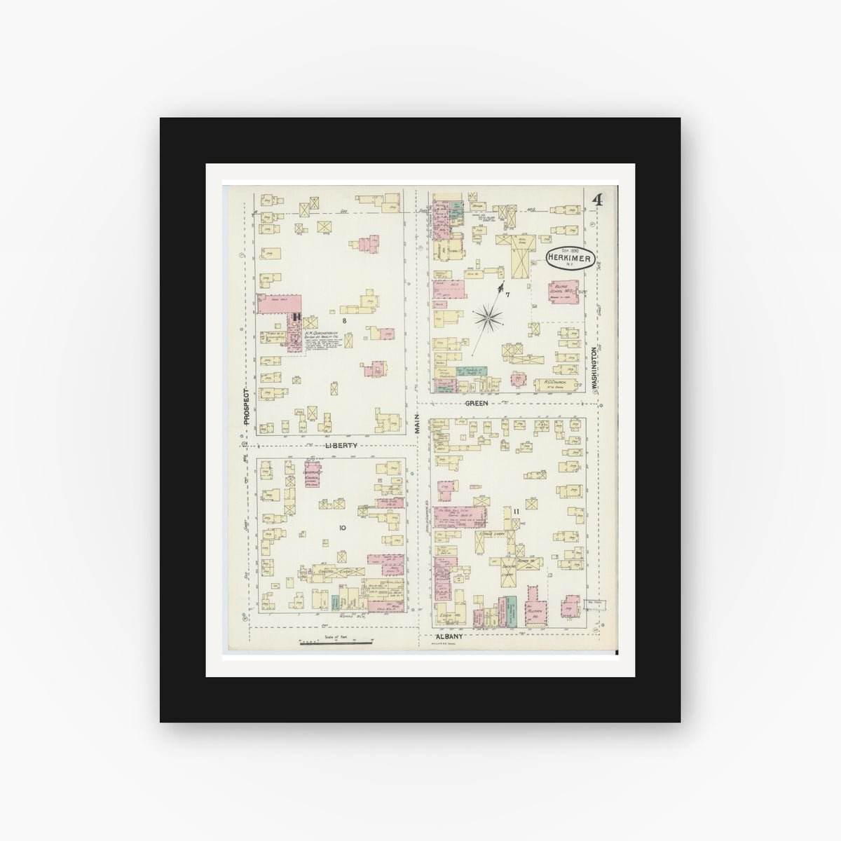 Old map wall art mockup — black gallery frame with white mat — Sanborn Fire Insurance Map from Herkimer, Herkimer County, New York (1890), Sheet #0004