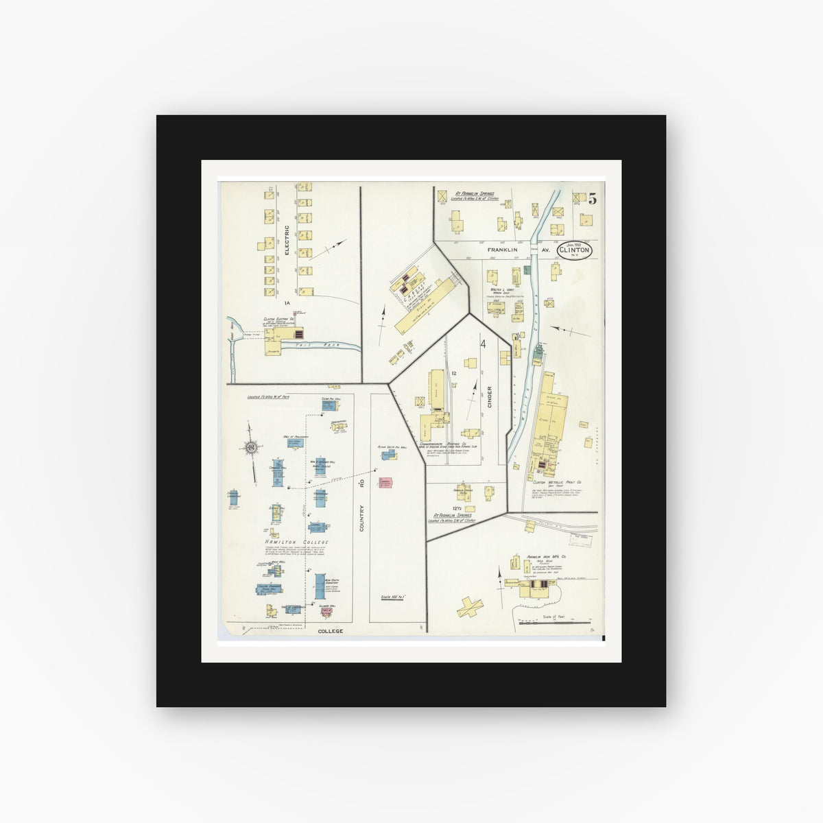 Old map wall art mockup — black gallery frame with white mat — Sanborn Fire Insurance Map from Clinton, Oneida County, New York (1910), Sheet #0005