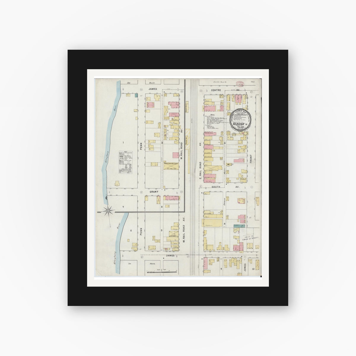 Old map wall art mockup — black gallery frame with white mat — Sanborn Fire Insurance Map from Verona, Allegheny County, Pennsylvania (1895), Sheet #0001
