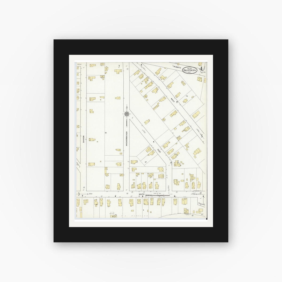 Old map wall art mockup — black gallery frame with white mat — Sanborn Fire Insurance Map from Ballston Spa, Saratoga County, New York (1911), Sheet #0004