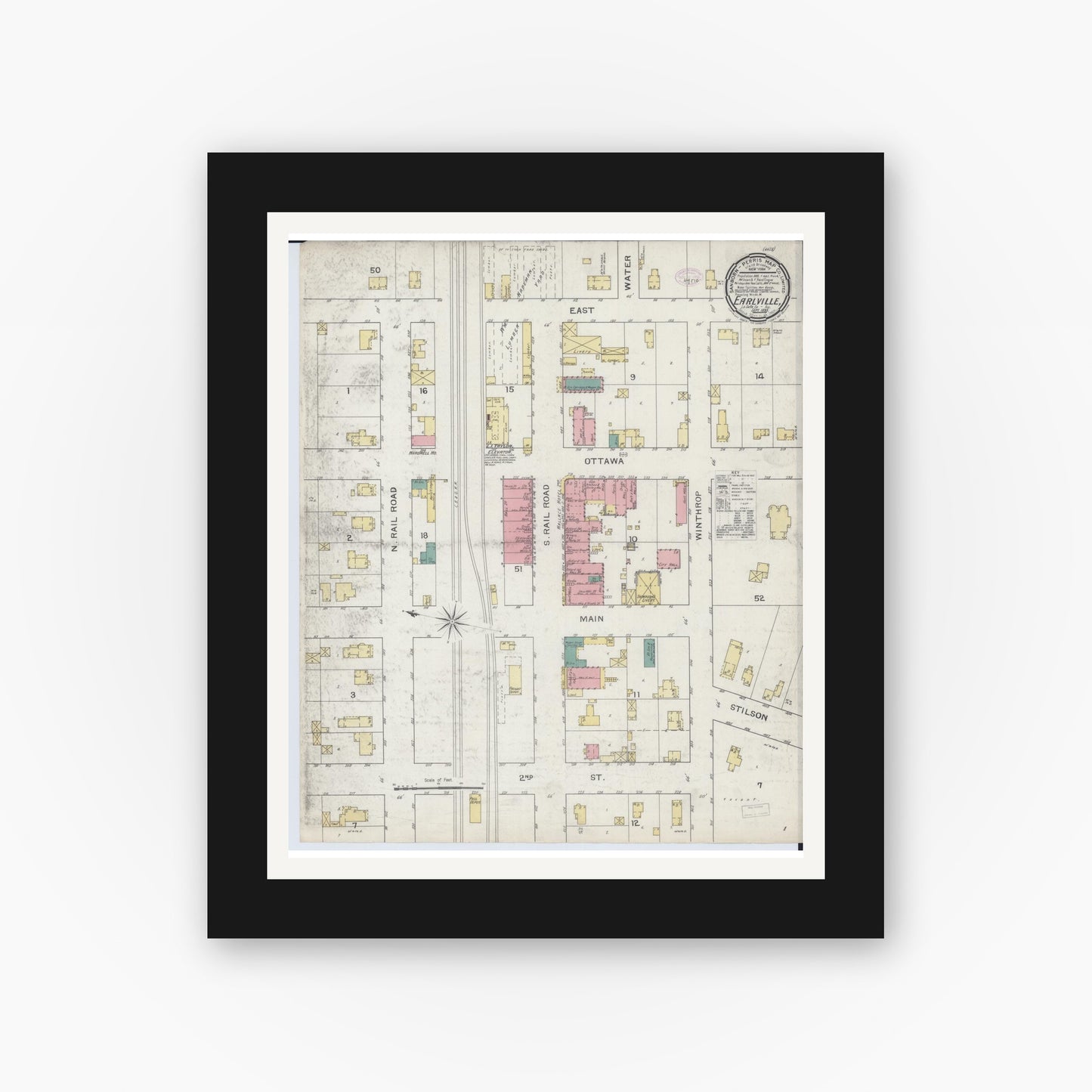Old map wall art mockup — black gallery frame with white mat — Sanborn Fire Insurance Map from Earlville, La Salle County, Illinois (1893), Sheet #0001