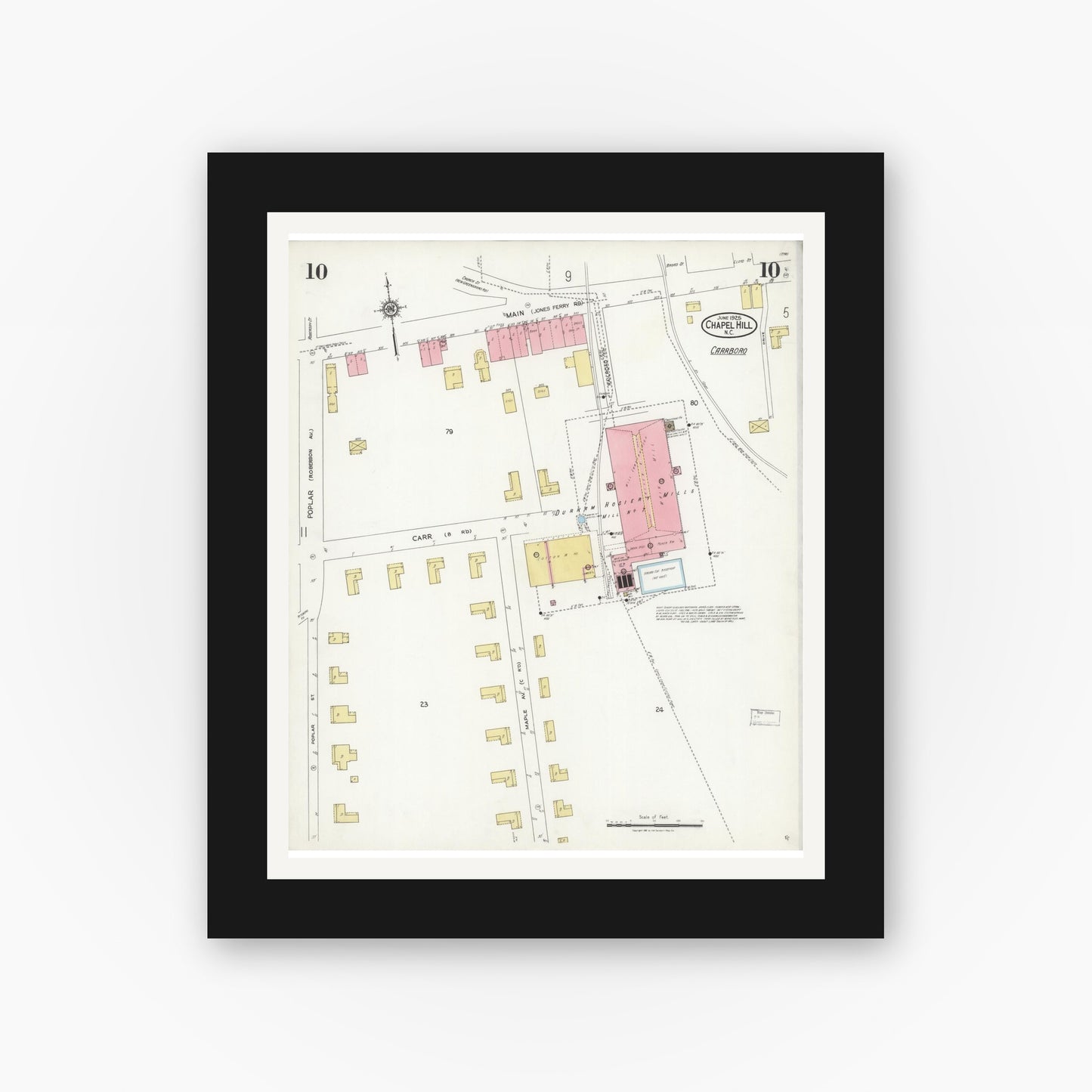Old map wall art mockup — black gallery frame with white mat — Sanborn Fire Insurance Map from Chapel Hill, Orange County, North Carolina (1925), Sheet #0010