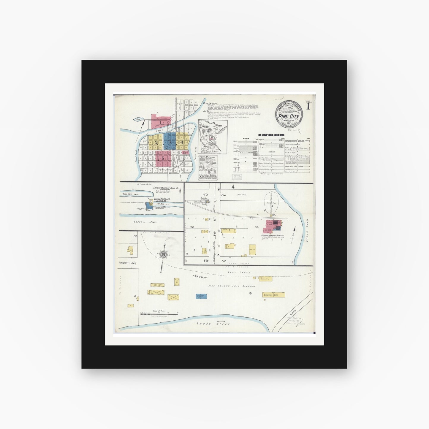 Old map wall art mockup — black gallery frame with white mat — Sanborn Fire Insurance Map from Pine City, Pine County, Minnesota (1921) - Complete Map Set