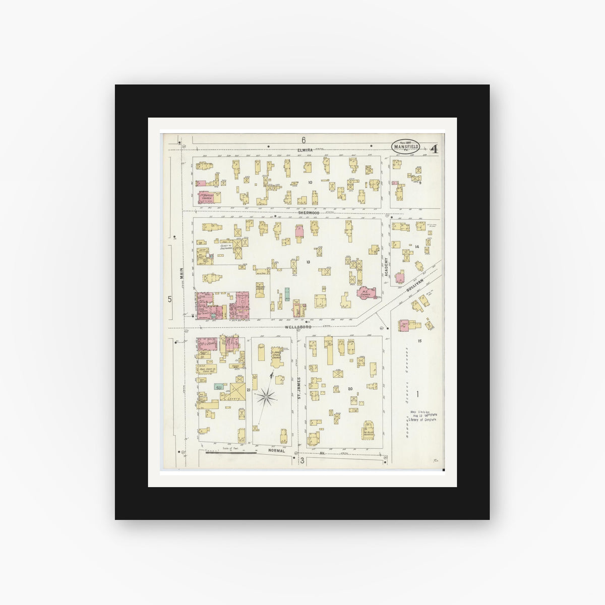 Old map wall art mockup — black gallery frame with white mat — Sanborn Fire Insurance Map from Mansfield, Tioga County, Pennsylvania (1897), Sheet #0004