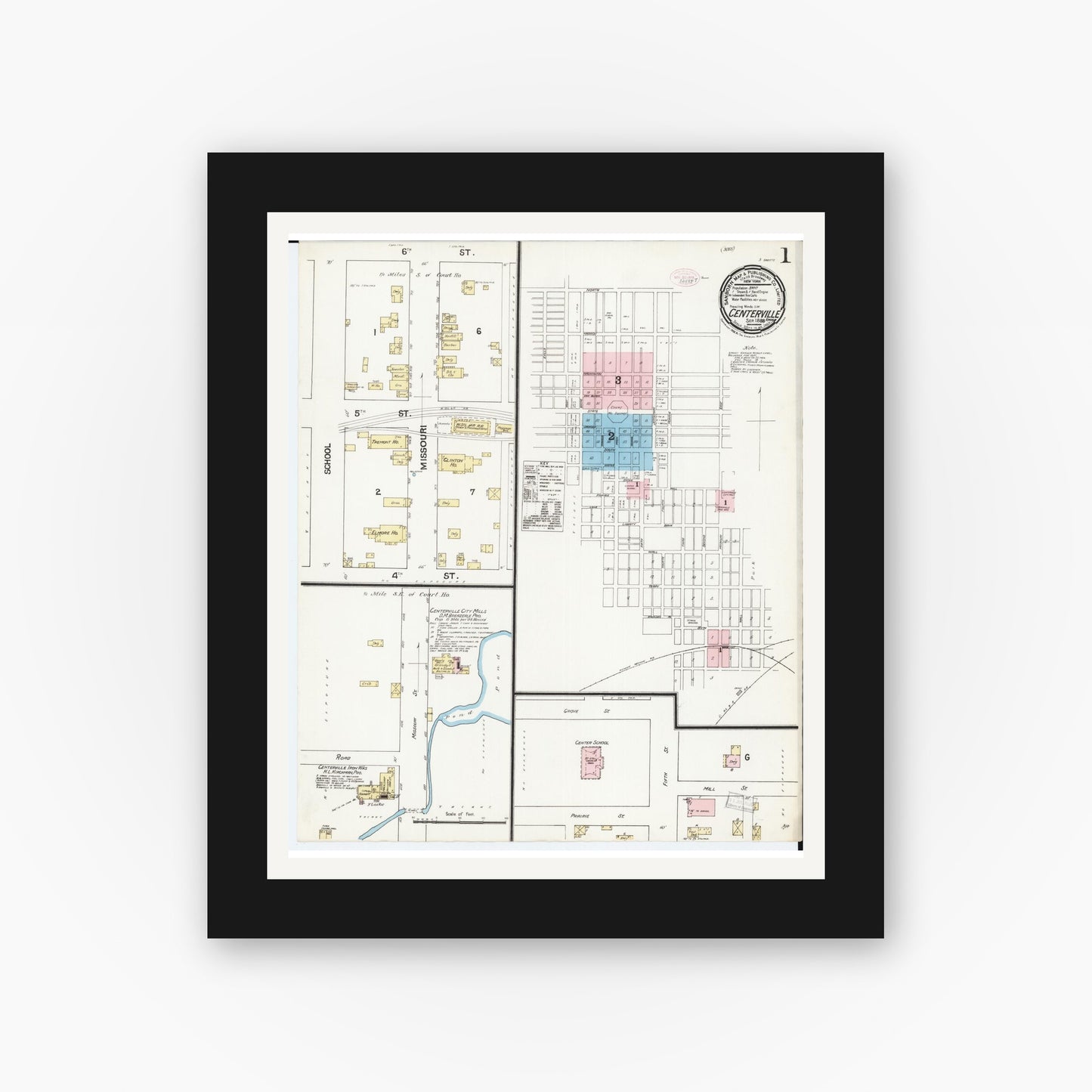Old map wall art mockup — black gallery frame with white mat — Sanborn Fire Insurance Map from Centerville, Appanoose County, Iowa (1888), Sheet #0001