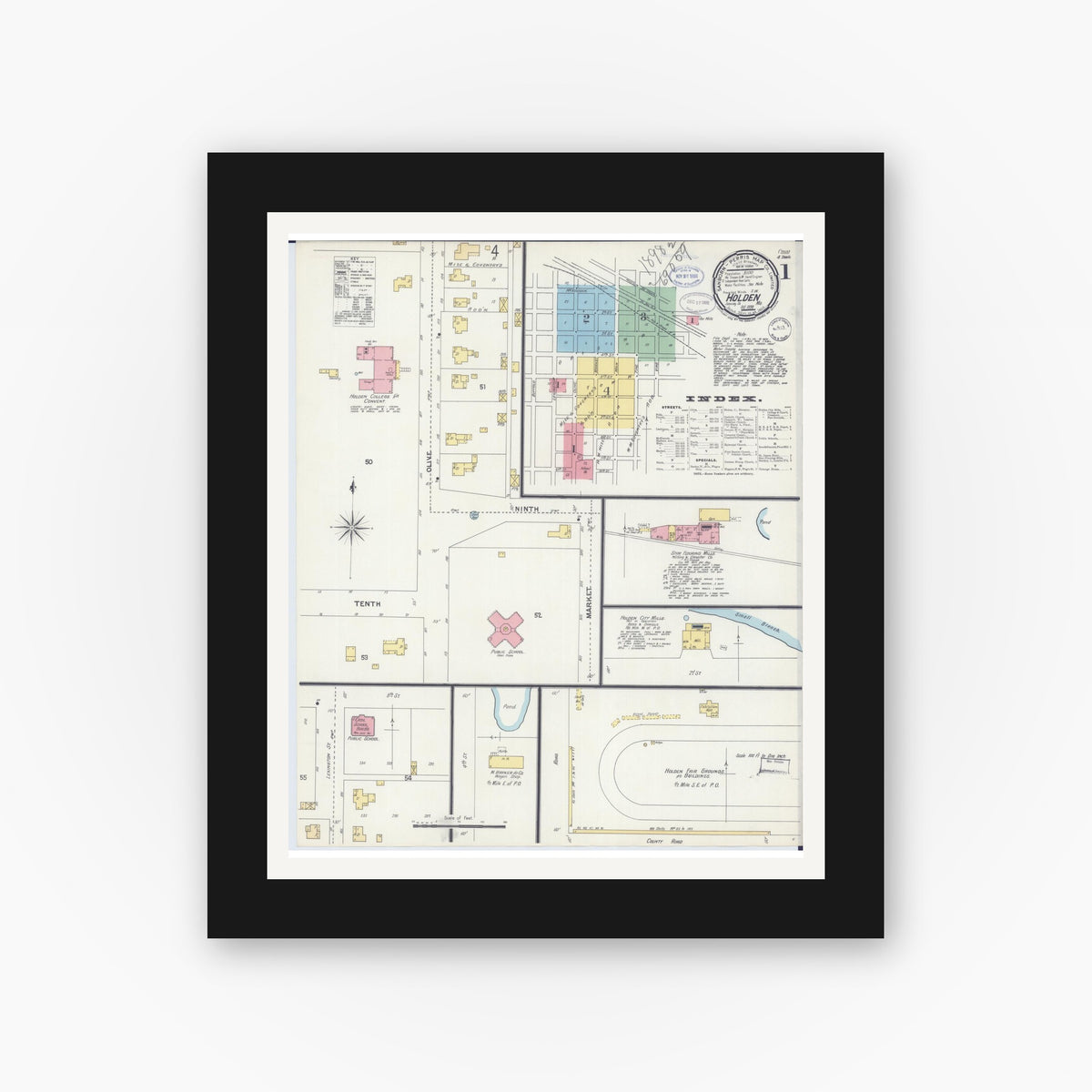 Old map wall art mockup — black gallery frame with white mat — Sanborn Fire Insurance Map from Holden, Johnson County, Missouri (1898) - Complete Map Set