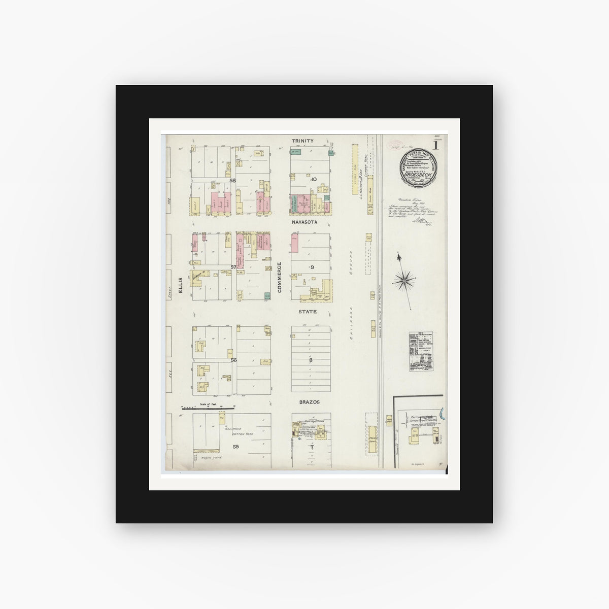 Old map wall art mockup — black gallery frame with white mat — Sanborn Fire Insurance Map from Groesbeck, Limestone County, Texas (1891), Sheet #0001