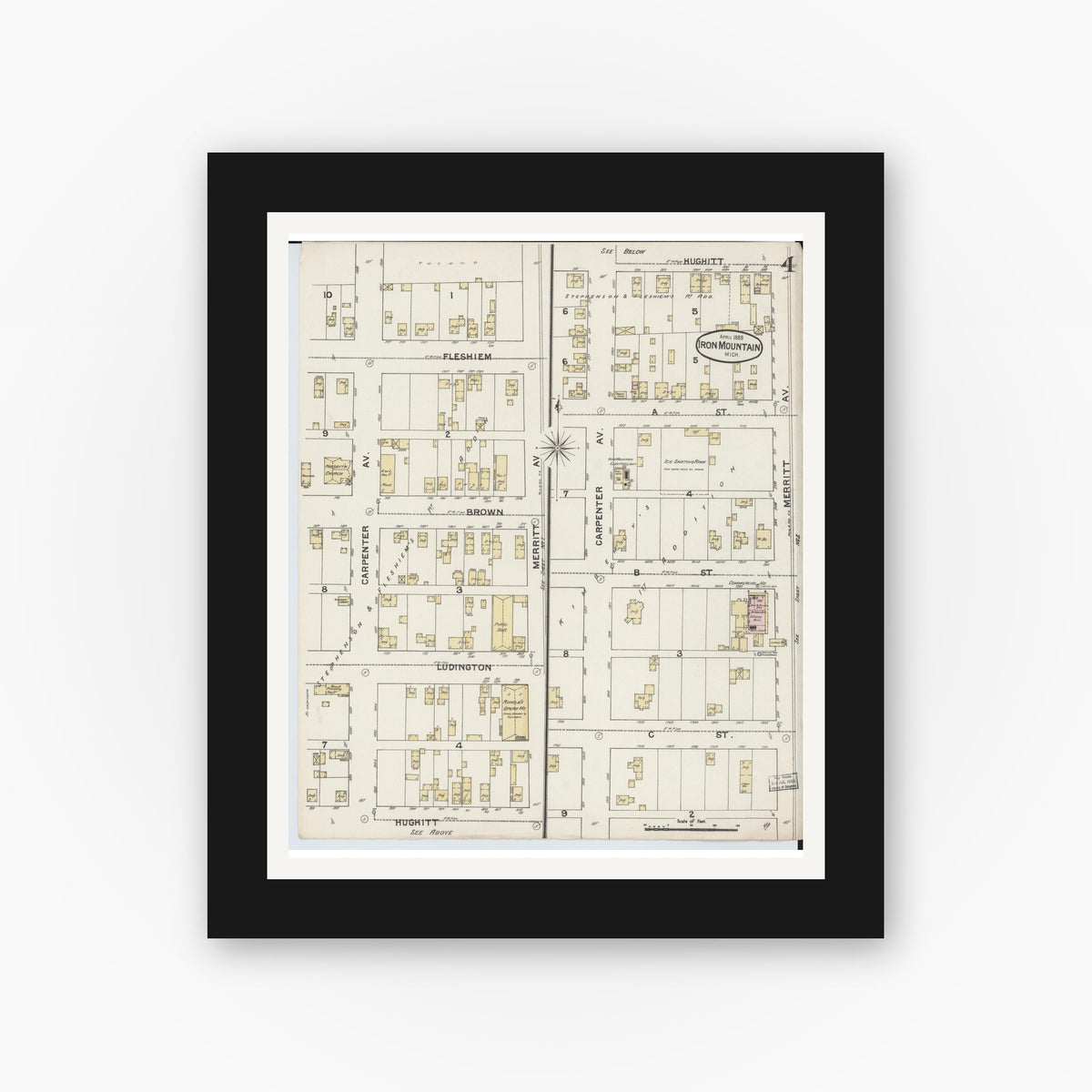 Old map wall art mockup — black gallery frame with white mat — Sanborn Fire Insurance Map from Iron Mountain, Dickinson County, Michigan (1888), Sheet #0004