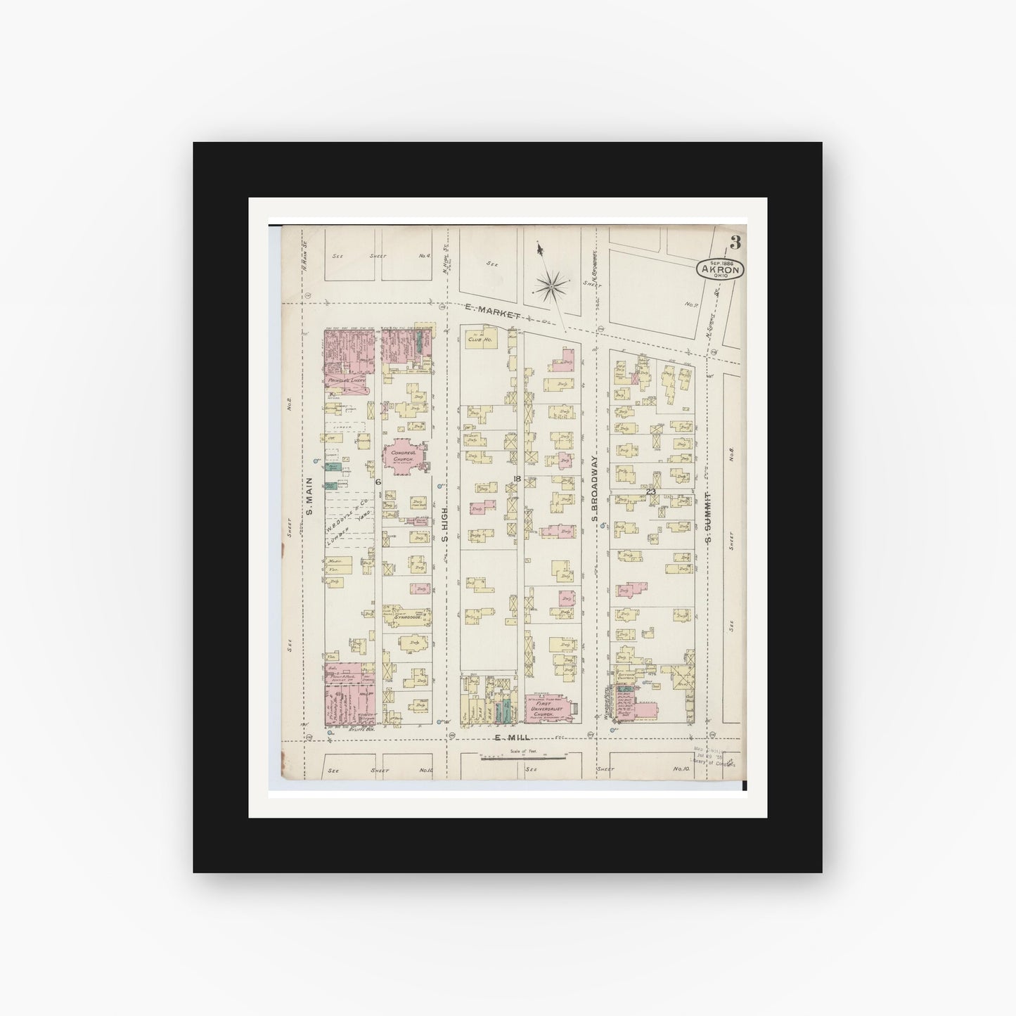 Old map wall art mockup — black gallery frame with white mat — Sanborn Fire Insurance Map from Akron, Summit County, Ohio (1886), Sheet #0003