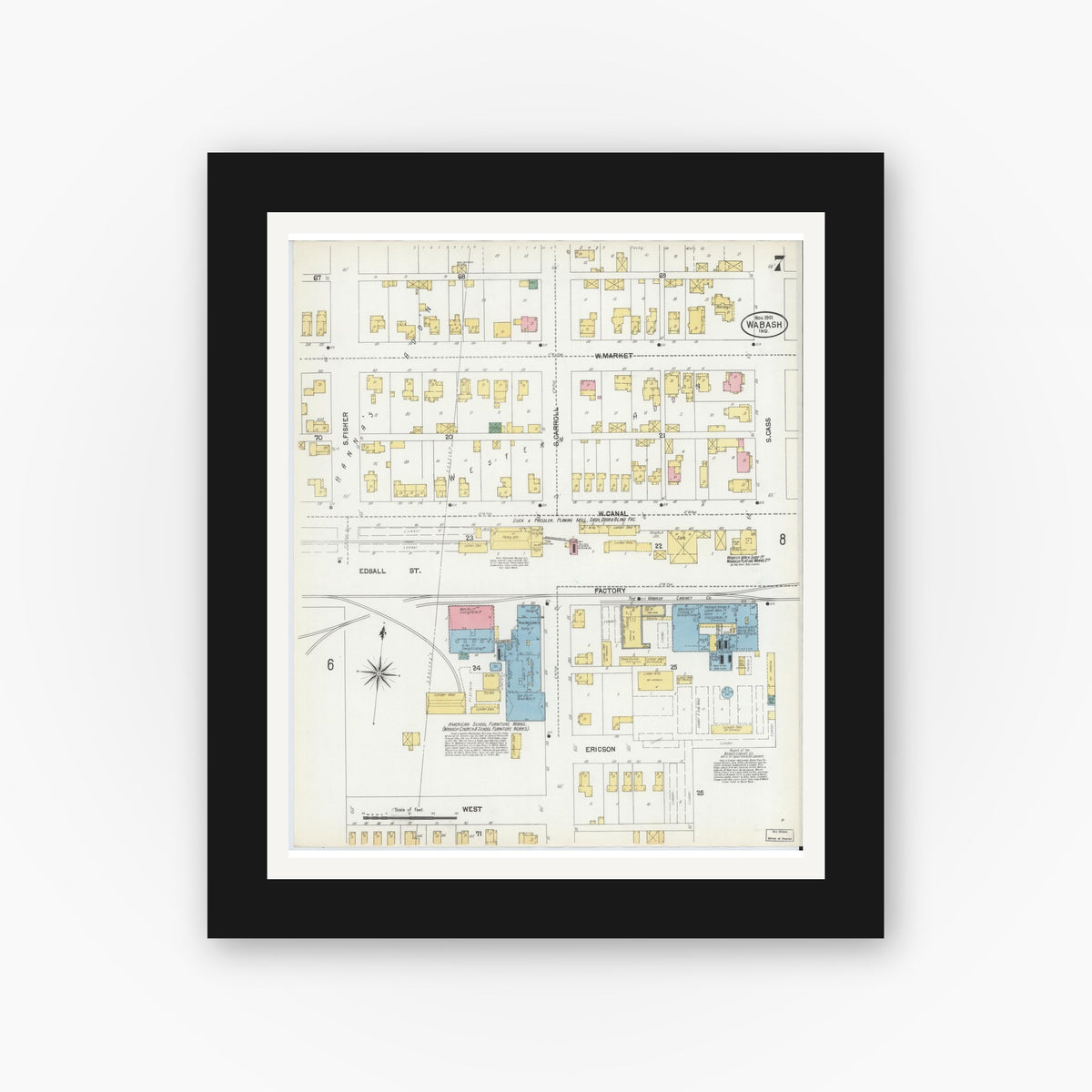 Old map wall art mockup — black gallery frame with white mat — Sanborn Fire Insurance Map from Wabash, Wabash County, Indiana (1901), Sheet #0007