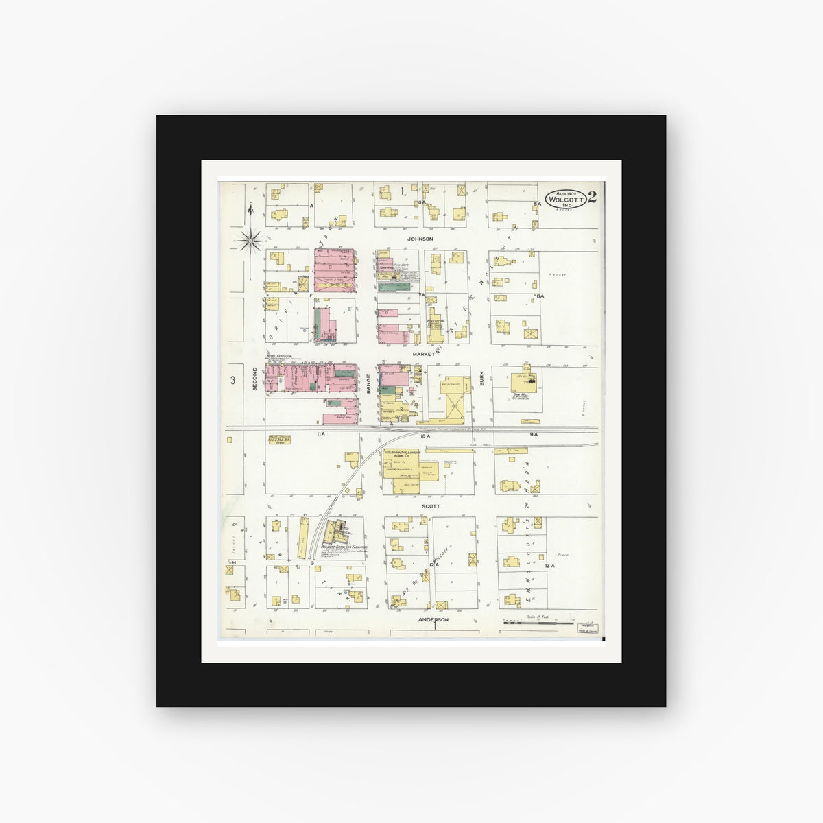 Old map wall art mockup — black gallery frame with white mat — Sanborn Fire Insurance Map from Wolcott, White County, Indiana (1909), Sheet #0002