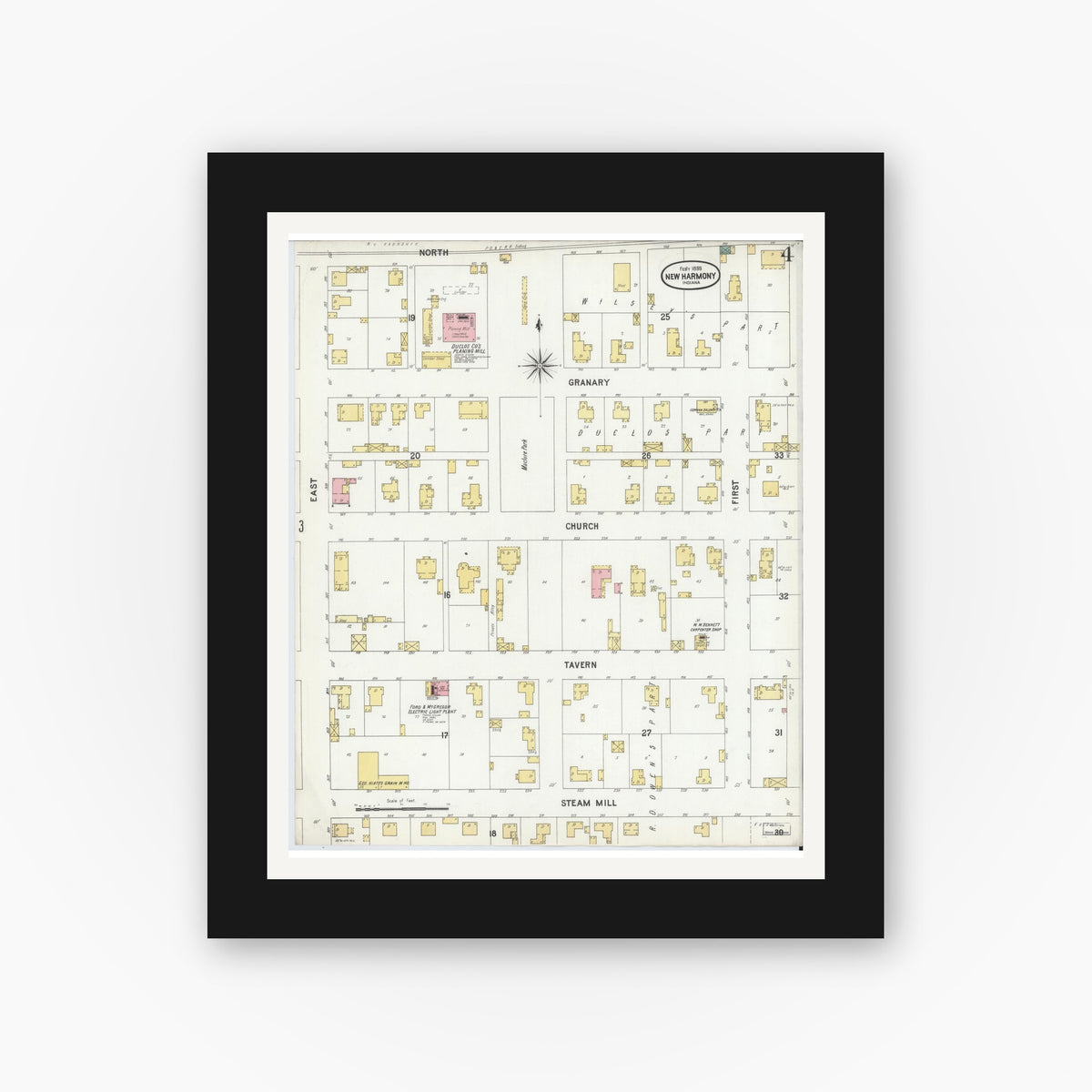 Old map wall art mockup — black gallery frame with white mat — Sanborn Fire Insurance Map from New Harmony, Posey County, Indiana (1899), Sheet #0004