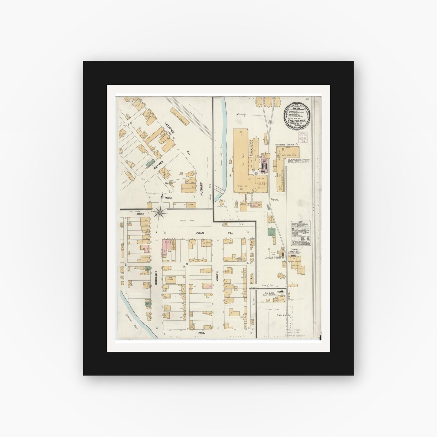 Old map wall art mockup — black gallery frame with white mat — Sanborn Fire Insurance Map from Confluence, Somerset County, Pennsylvania (1901), Sheet #0001