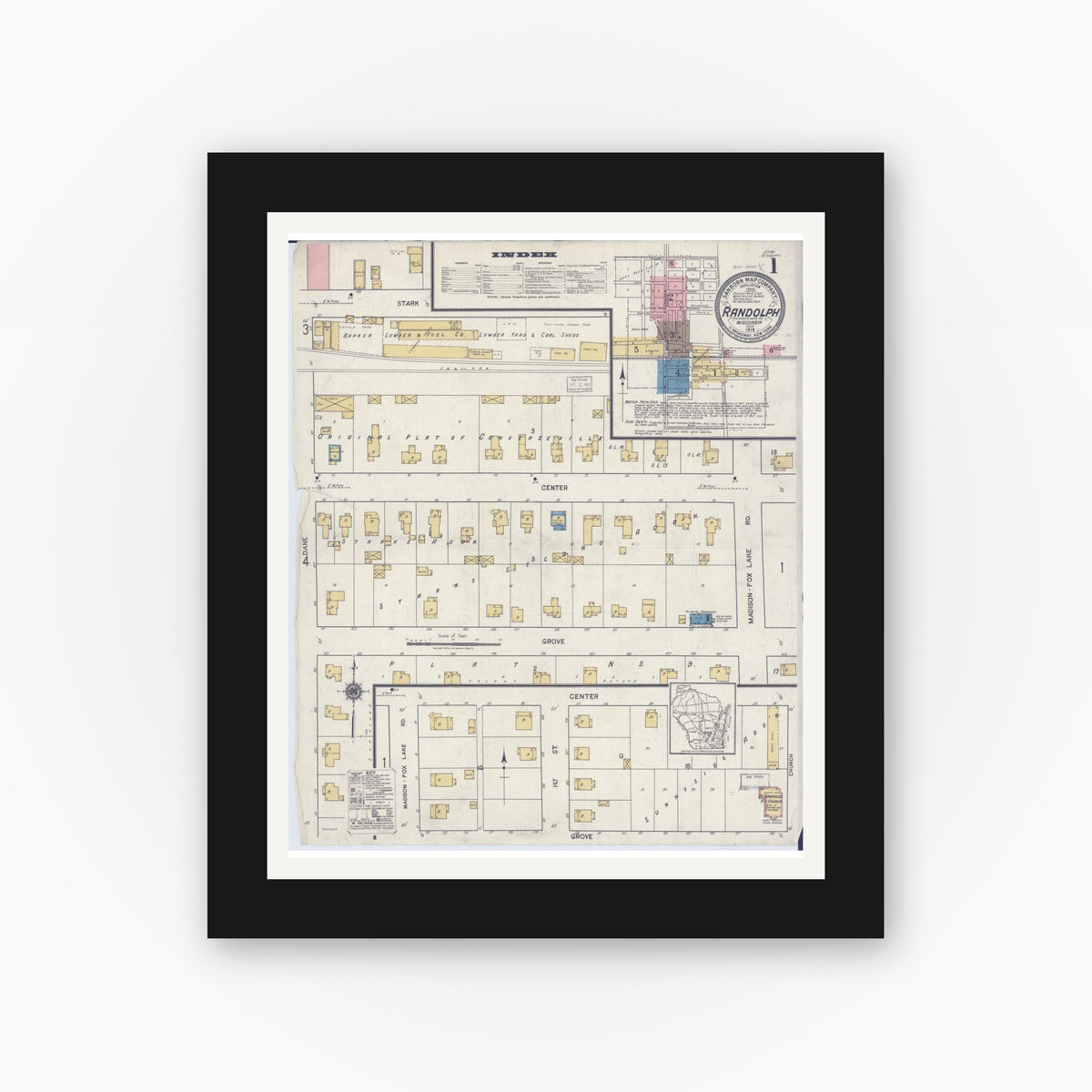 Old map wall art mockup — black gallery frame with white mat — Sanborn Fire Insurance Map from Randolph, Columbia and Dodge Counties, Wisconsin (1919), Sheet #0001