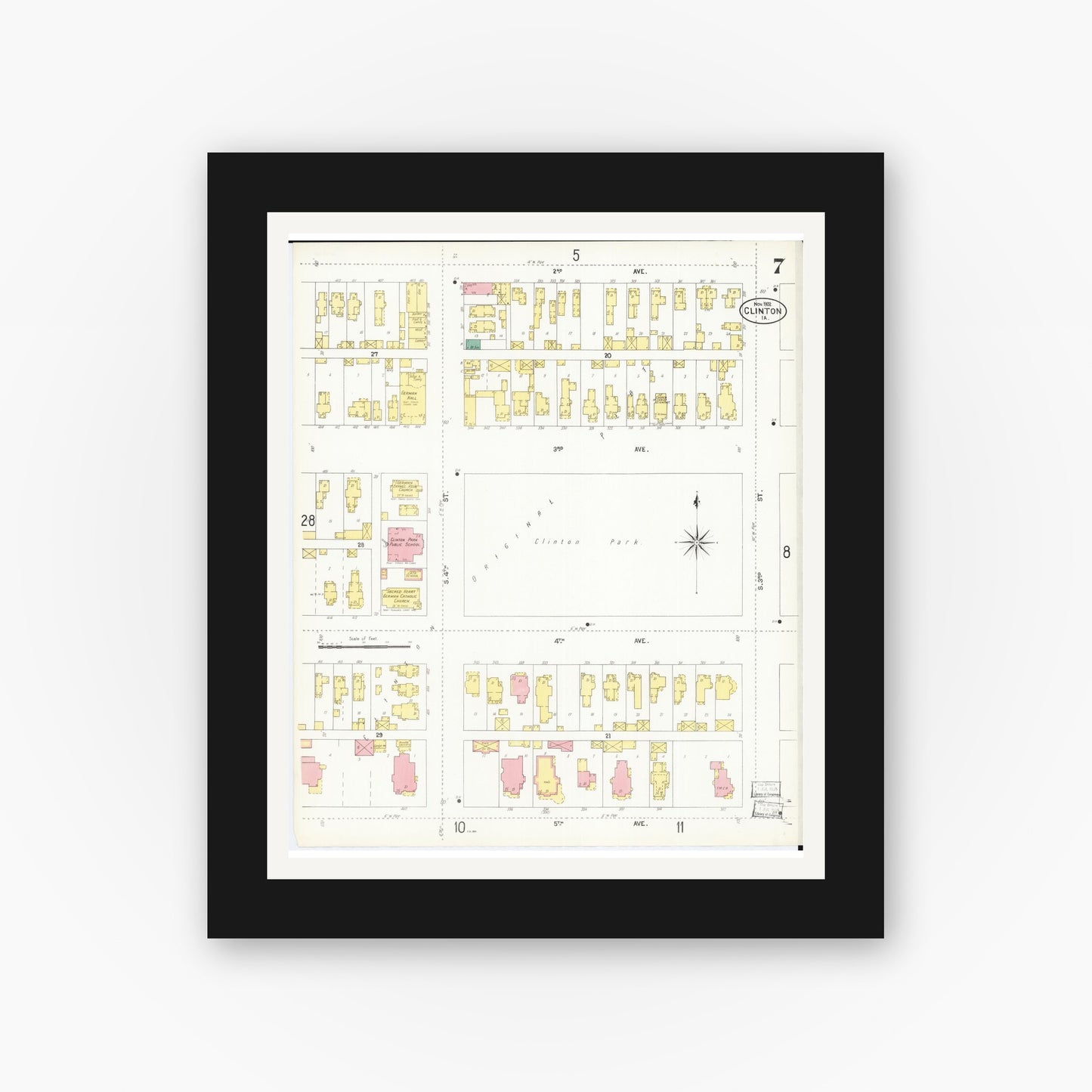 Old map wall art mockup β black gallery frame with white mat β Sanborn Fire Insurance Map from Clinton, Clinton County, Iowa (1902), Sheet #0007