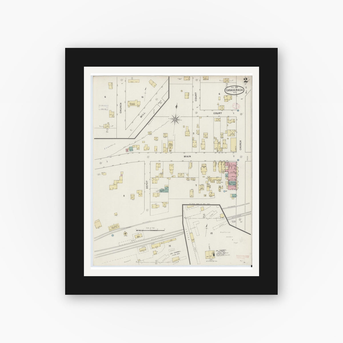 Old map wall art mockup — black gallery frame with white mat — Sanborn Fire Insurance Map from Canaseraga, Allegany County, New York (1894), Sheet #0002
