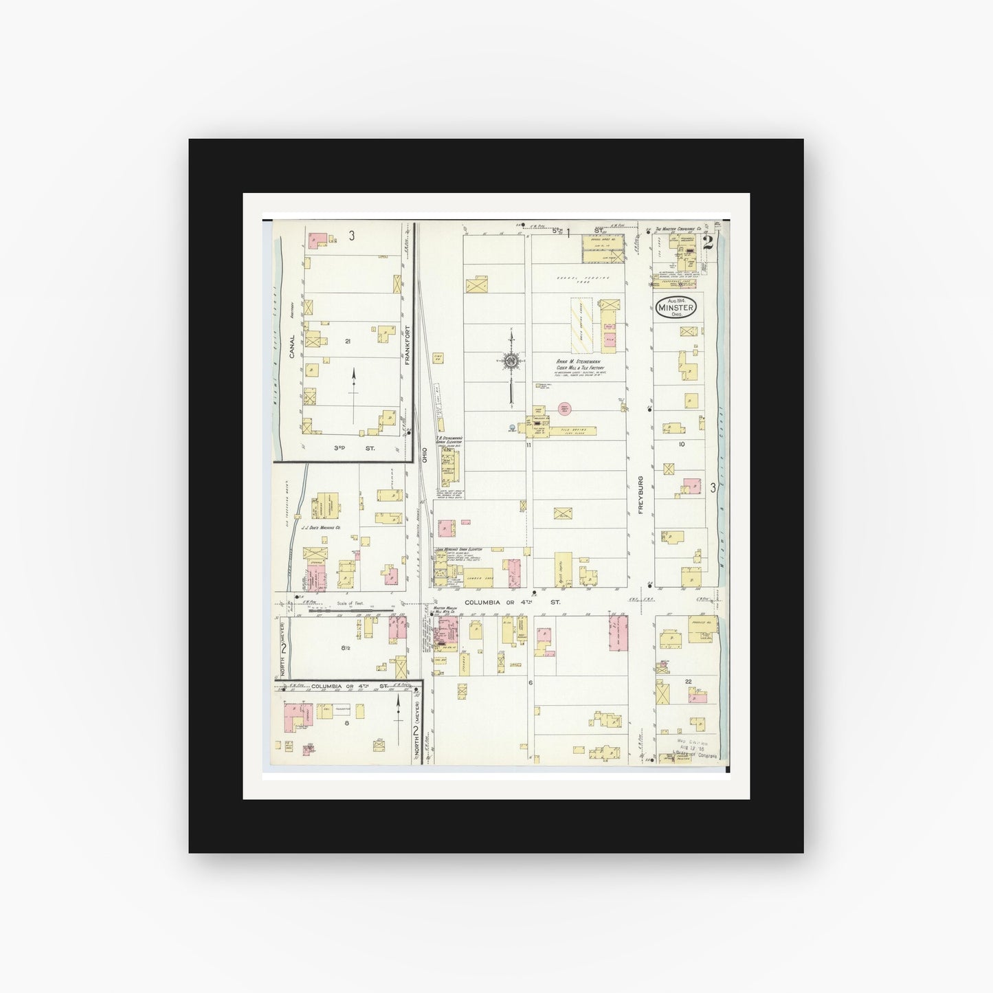 Old map wall art mockup — black gallery frame with white mat — Sanborn Fire Insurance Map from Minster, Auglaize County, Ohio (1914), Sheet #0002