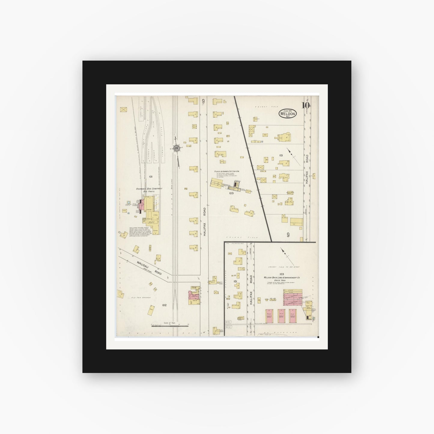 Old map wall art mockup — black gallery frame with white mat — Sanborn Fire Insurance Map from Weldon, Halifax County, North Carolina (1915), Sheet #0010