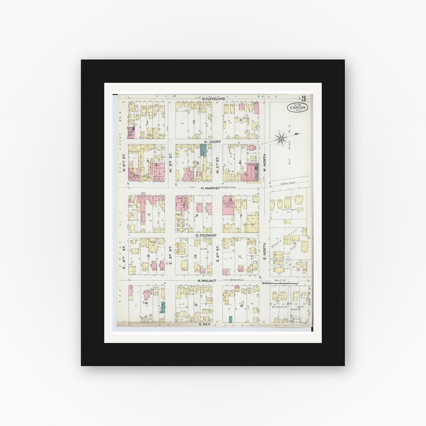 Old map wall art mockup — black gallery frame with white mat — Sanborn Fire Insurance Map from Canton, Stark County, Ohio (1891), Sheet #0003