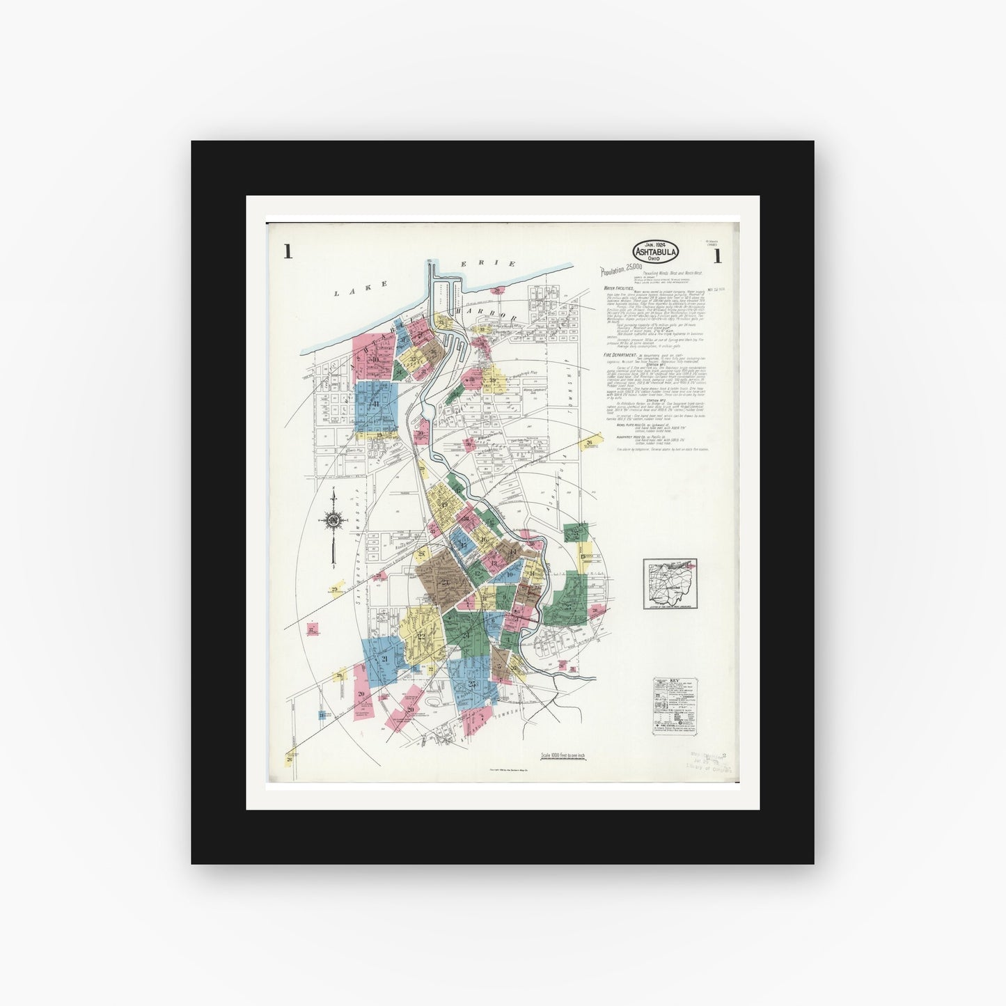 Old map wall art mockup — black gallery frame with white mat — Sanborn Fire Insurance Map from Ashtabula, Ashtabula County, Ohio (1924) - Complete Map Set