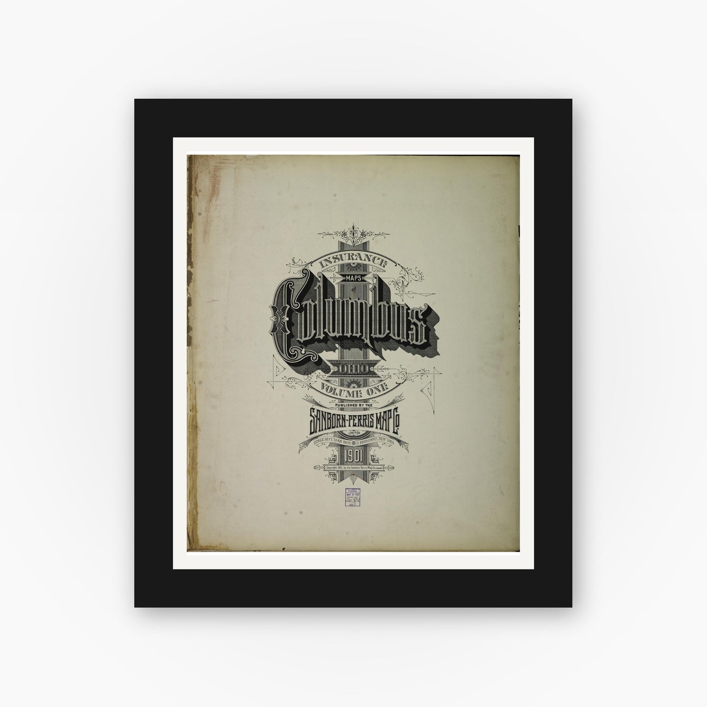 Old map wall art mockup — black gallery frame with white mat — Sanborn Fire Insurance Map from Columbus, Franklin County, Ohio (1901), Sheet #0001