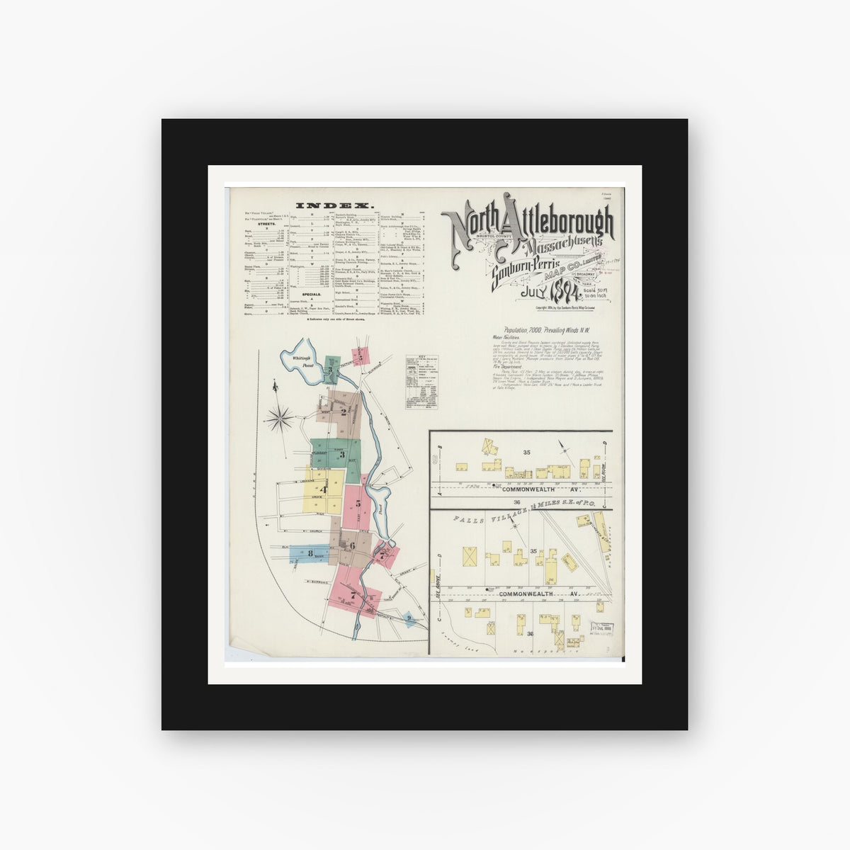 Old map wall art mockup — black gallery frame with white mat — Sanborn Fire Insurance Map from North Attleborough, Bristol County, Massachusetts (1894) - Complete Map Set