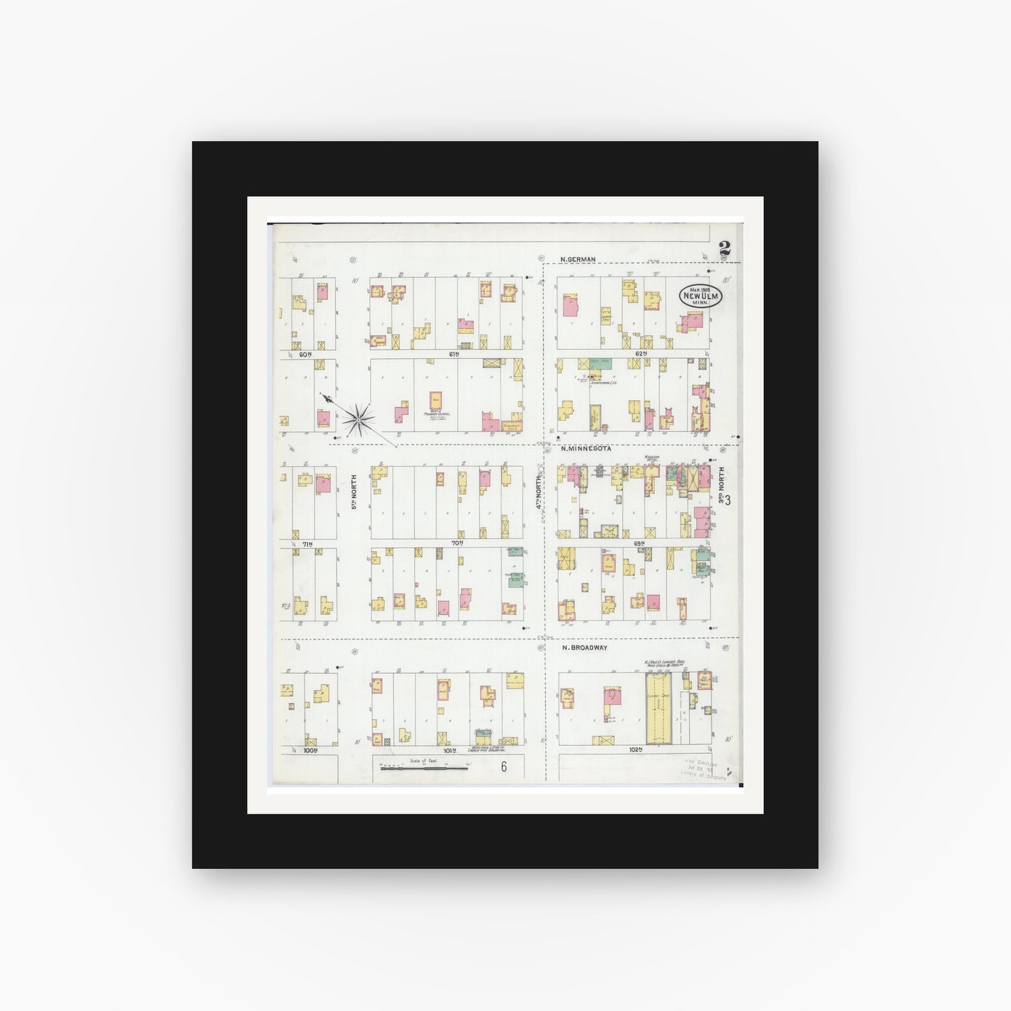 Old map wall art mockup — black gallery frame with white mat — Sanborn Fire Insurance Map from New Ulm, Brown County, Minnesota (1905), Sheet #0002