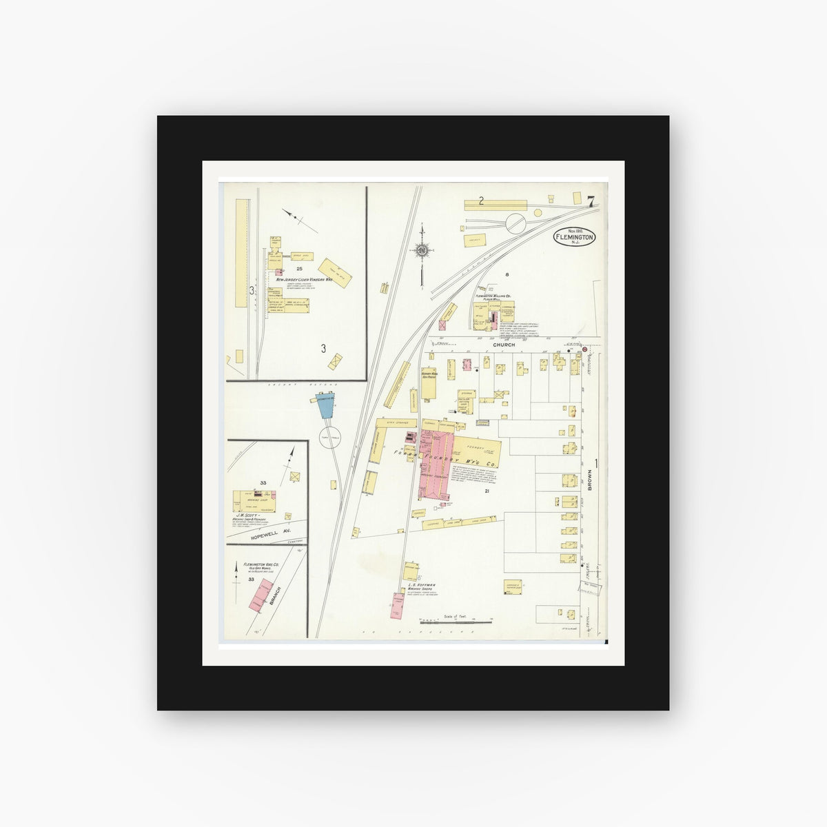 Old map wall art mockup — black gallery frame with white mat — Sanborn Fire Insurance Map from Flemington, Hunterdon County, New Jersey (1910), Sheet #0007