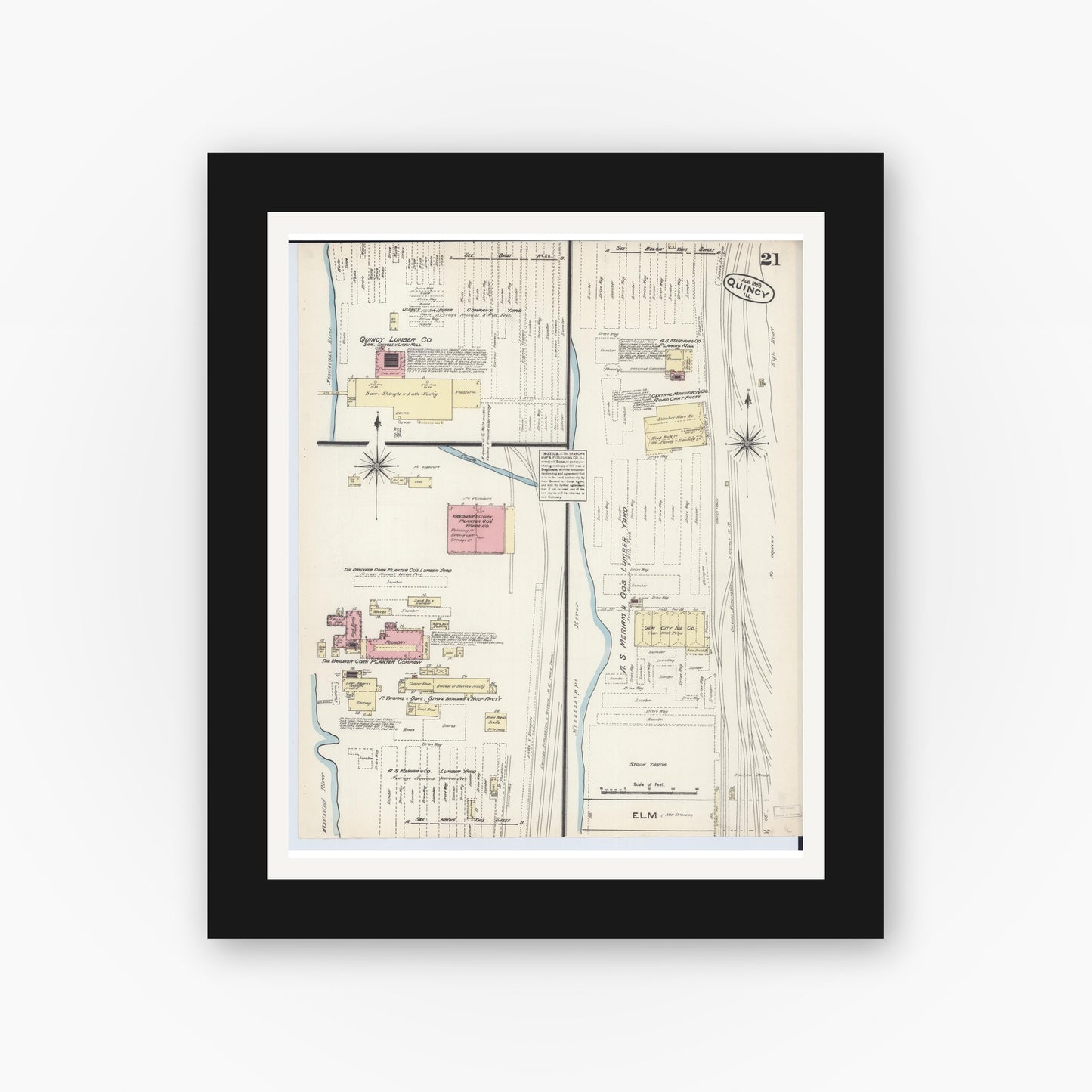 Old map wall art mockup — black gallery frame with white mat — Sanborn Fire Insurance Map from Quincy, Adams County, Illinois (1883), Sheet #0021